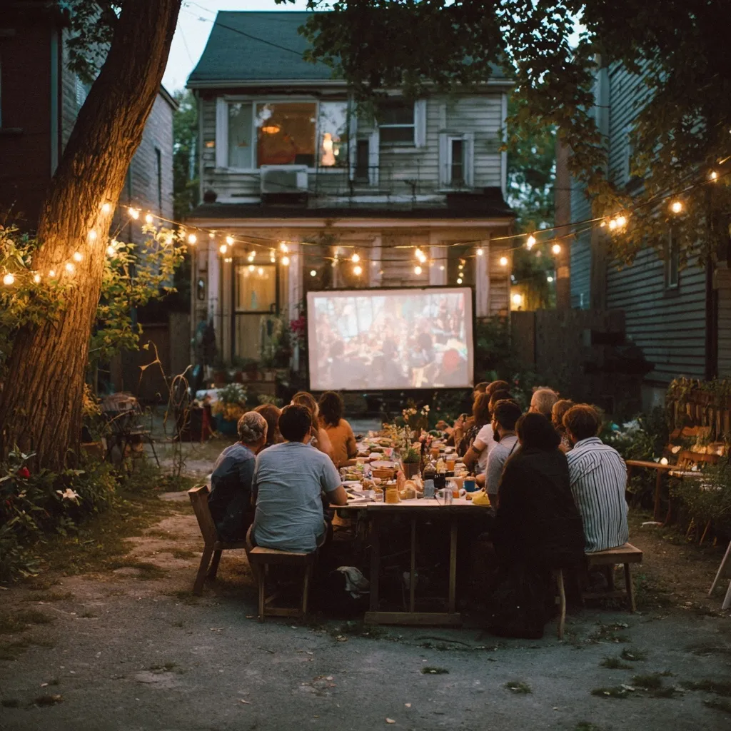 Friends enjoying an outdoor backyard BBQ dinner while watching a movie on a large projector screen at night.