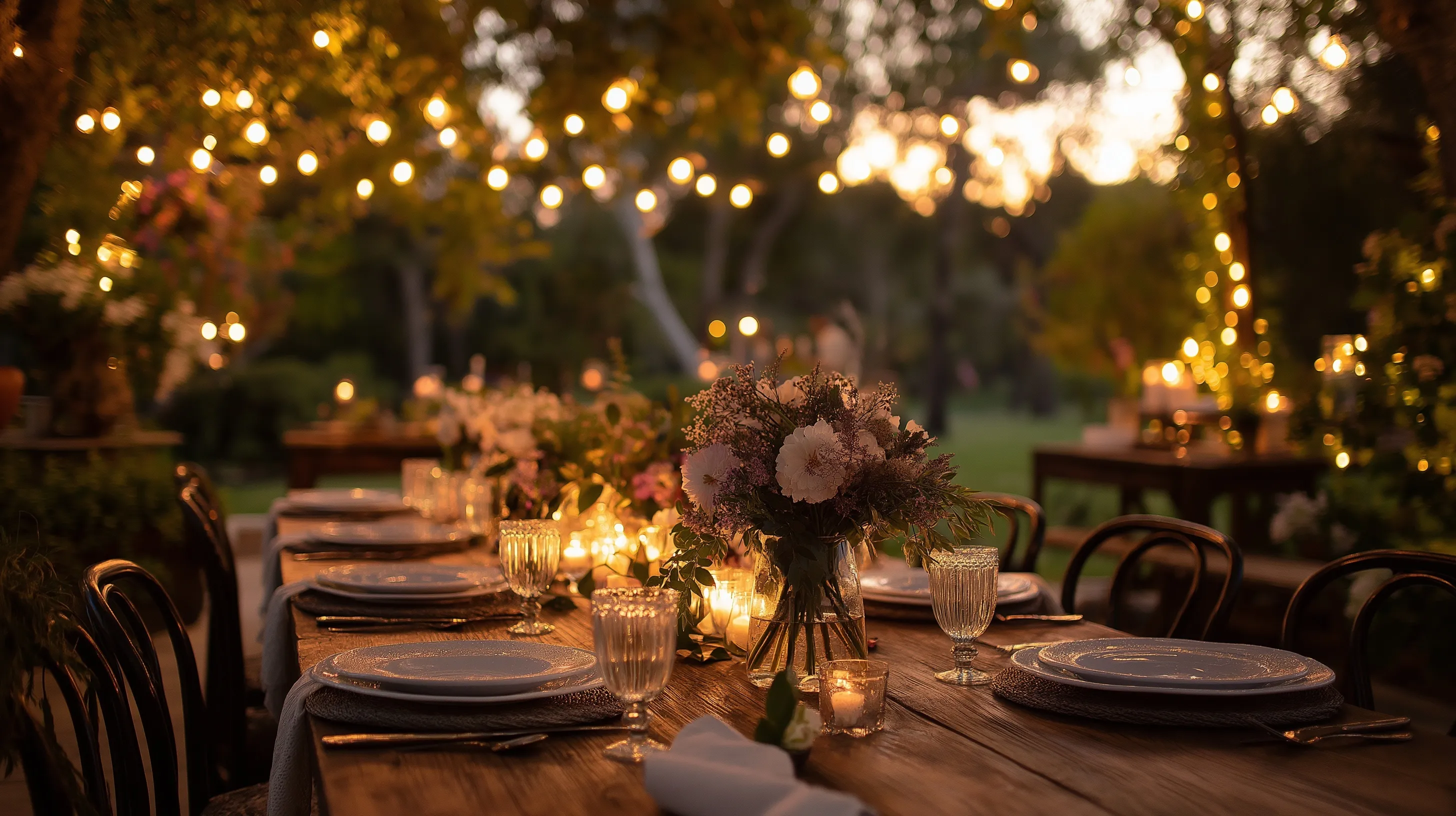 Romantic outdoor summer dinner table setting with warm string lights in a rustic garden courtyard.