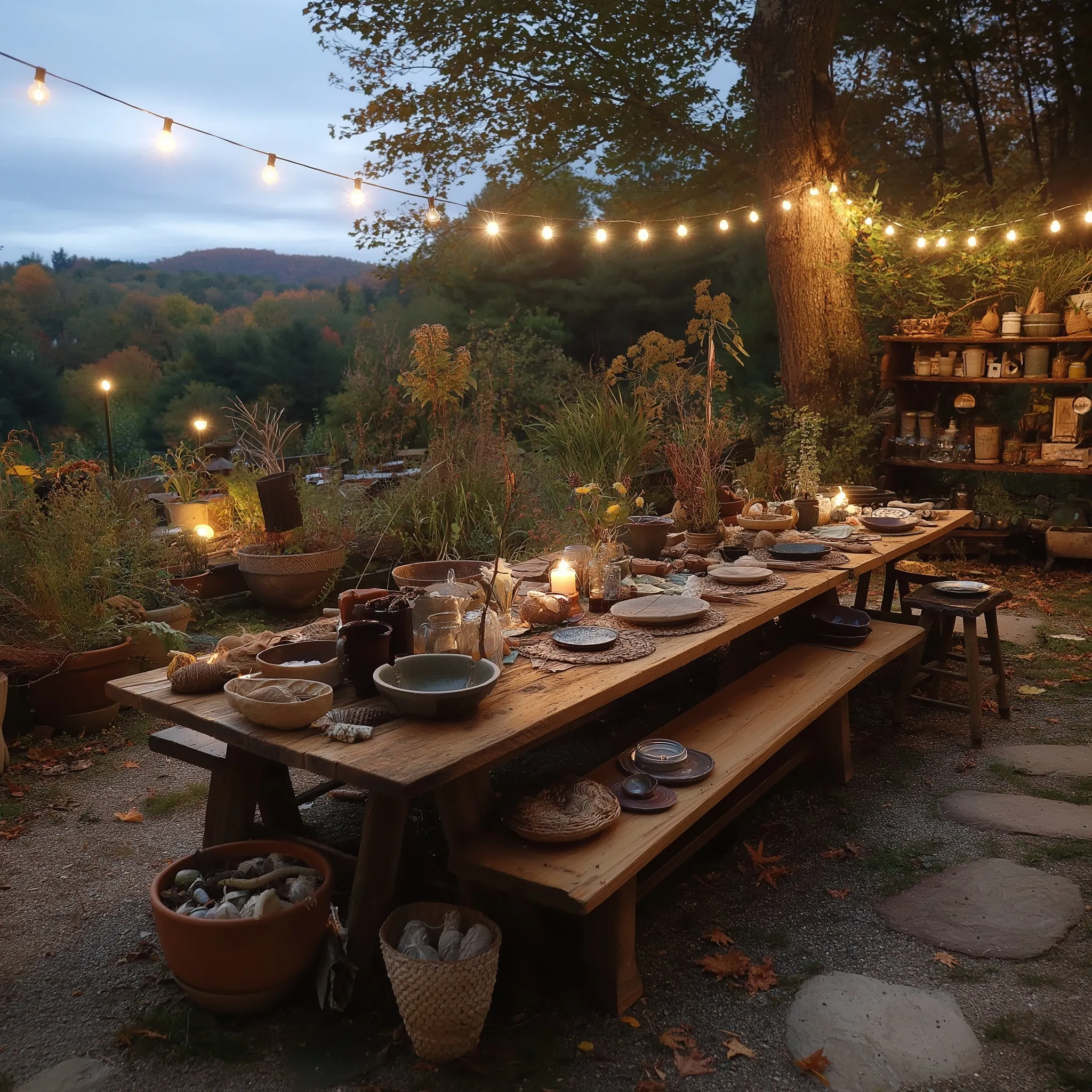 A cozy autumn garden dinner table in the Catskills decorated with fairy lights and rustic crafting materials.