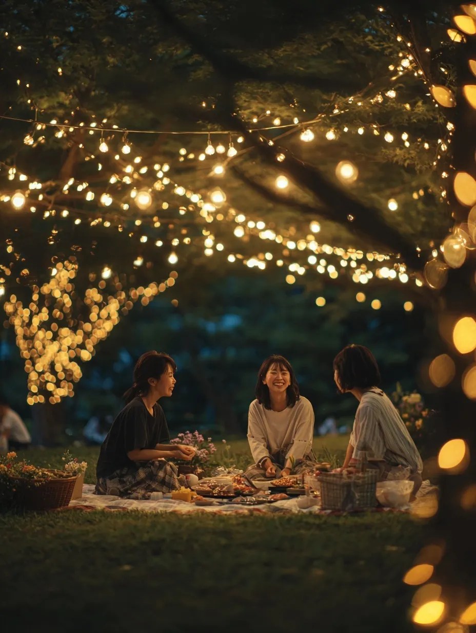 Japanese women enjoying a cozy outdoor barbecue dinner on picnic mats under string lights at night.