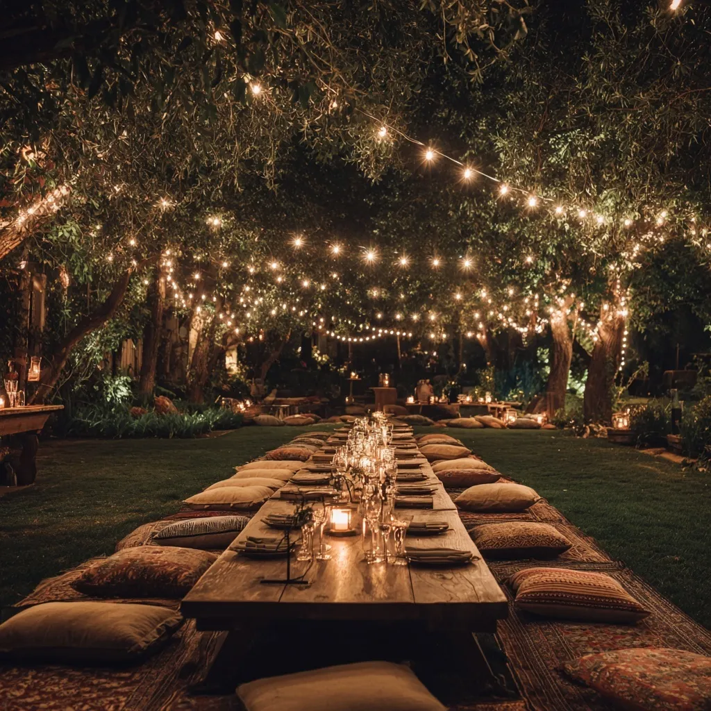 Outdoor garden dinner party at night with low table seating, string lights, and candles, magical witchy aesthetic.
