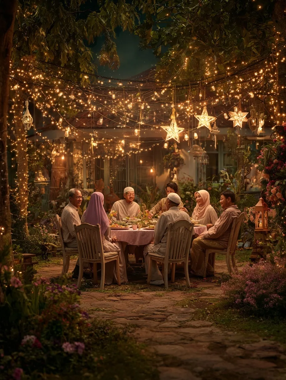 A diverse Muslim and Christian family enjoying a festive outdoor dinner party with warm glowing lights.