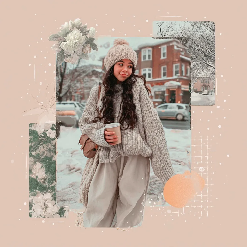 A cute girl wearing a trendy oversized winter outfit in a stylish fashion collage aesthetic.