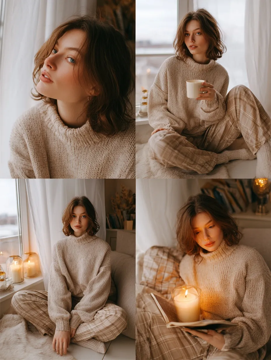 A young woman in an oversized beige sweater relaxing in a cozy home apartment with warm cinematic lighting.
