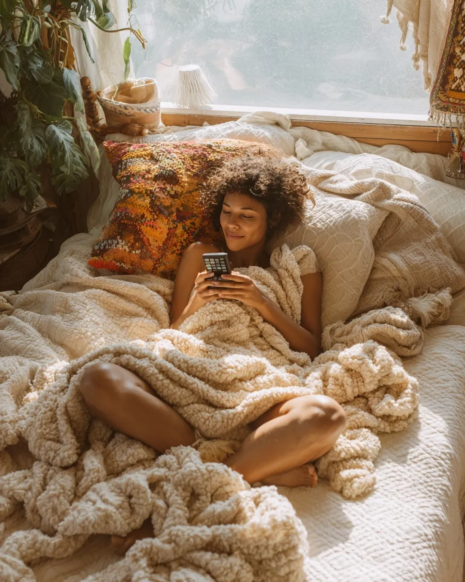 A relaxed woman wearing an oversized outfit lying on a cozy bed while holding a remote control in a bright bedroom.