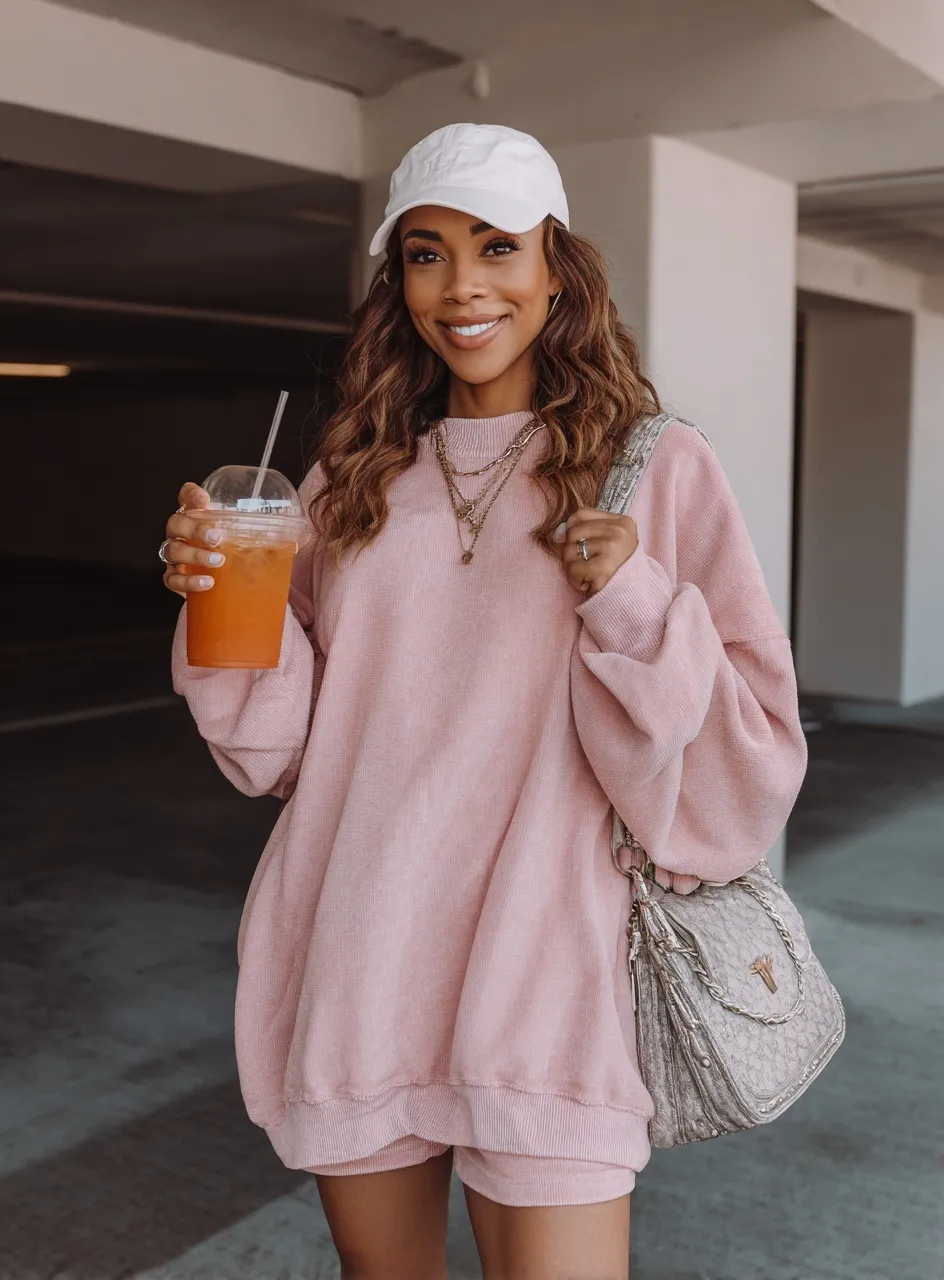 Stylish African woman in a pink oversized sweatshirt, baseball cap, and designer bag posing near a parking garage.