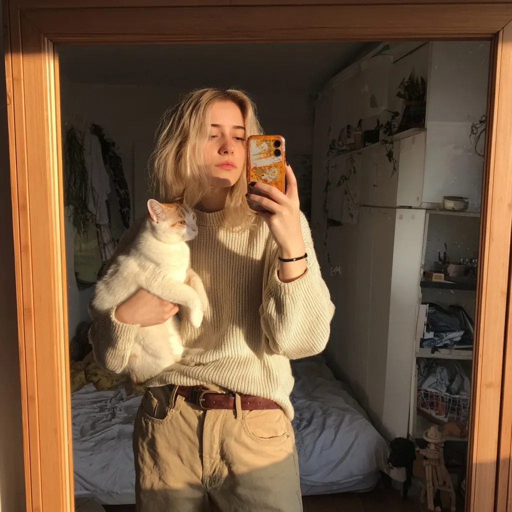 Blonde woman in an oversized outfit taking a mirror selfie while kissing her cat in a bright, sunlit bedroom.
