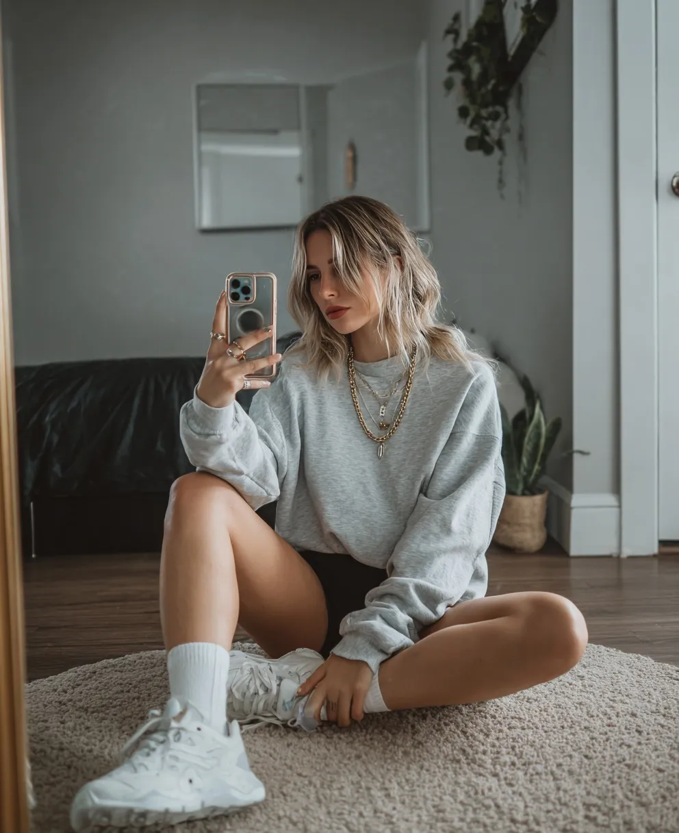 A girl in an oversized grey sweatshirt, black shorts, and white sneakers taking a mirror selfie with an iPhone.