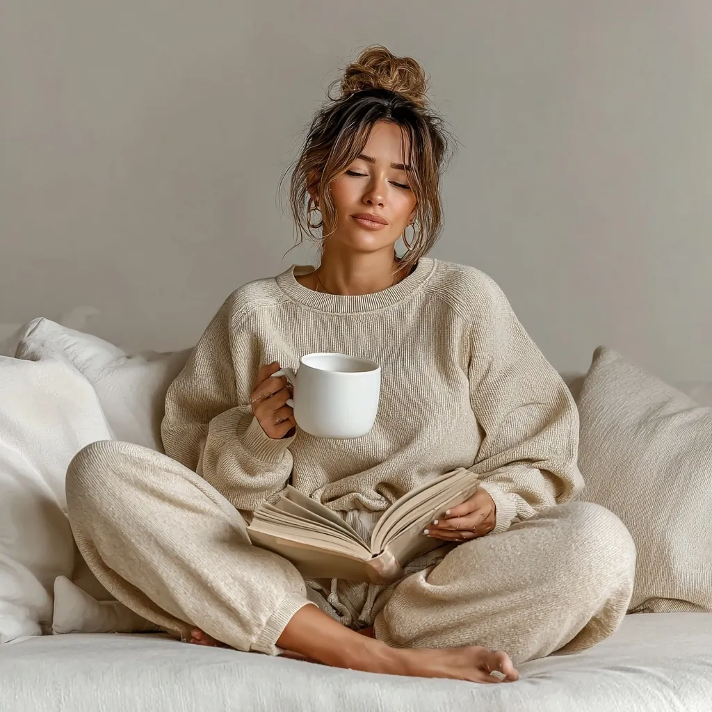A woman in cozy beige loungewear reading a book and holding a coffee mug on a minimalist cream sofa.