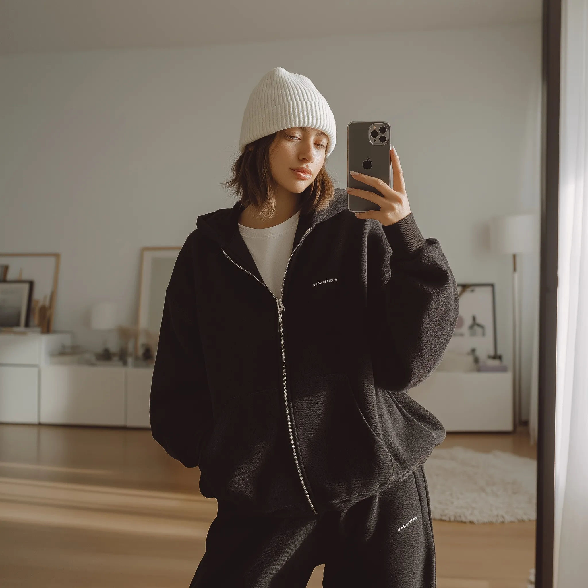 A young woman in an oversized black hoodie and sweatpants taking a mirror selfie in a cozy, minimalist room.