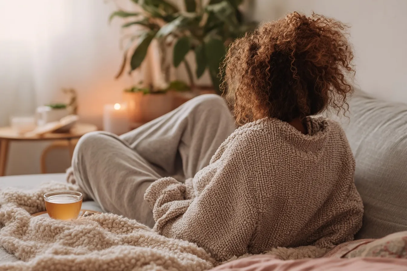 A relaxed woman in an oversized loungewear outfit resting on a bed with tea and a candle, cozy aesthetic.