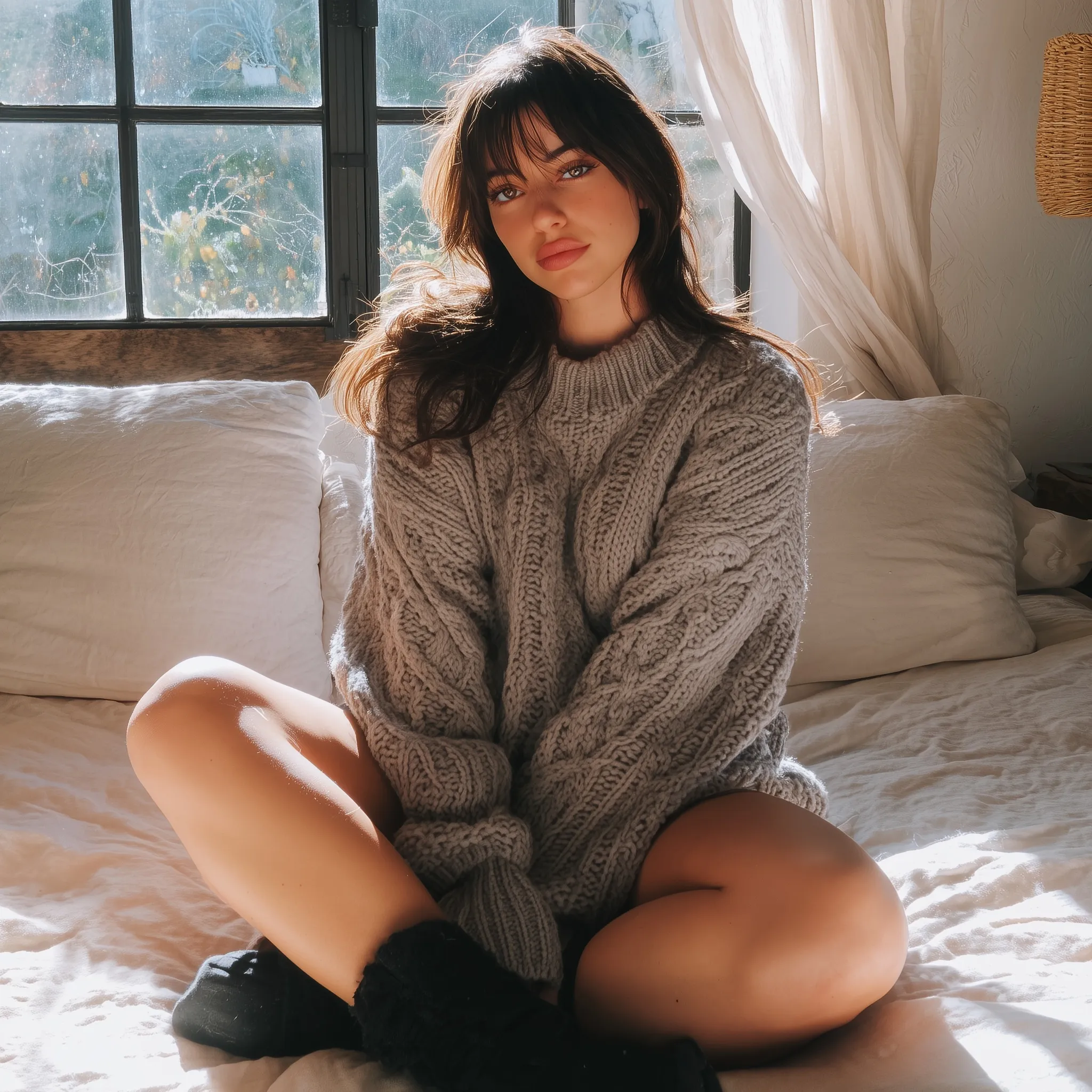 A young woman in an oversized sweater and shorts relaxing on a cozy couch, captured in soft natural daylight.