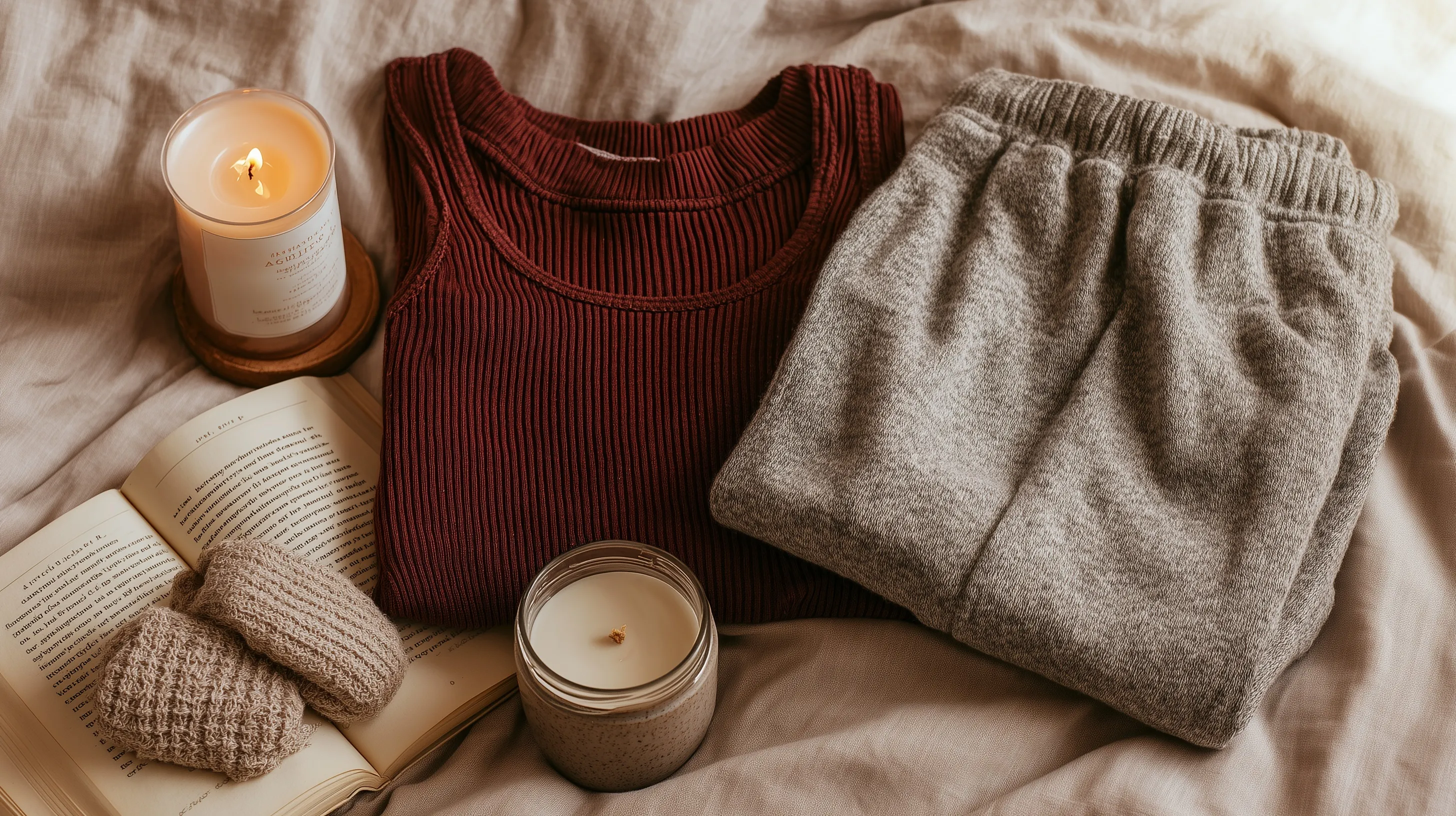 Flat-lay of oversized cozy loungewear, sweat shorts, and a crewneck sweater with a coffee mug on a neutral background.