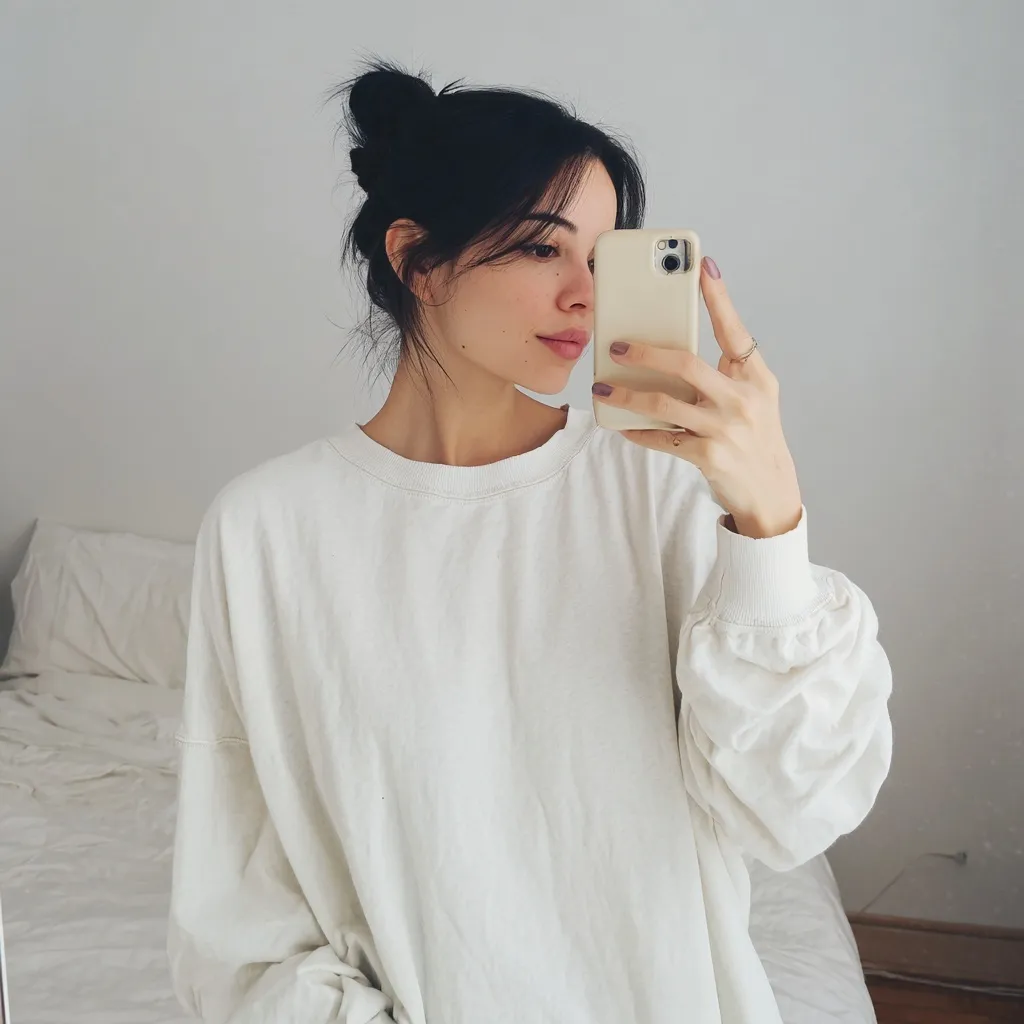 A person with hair in a bun wearing an oversized aesthetic white sweatshirt while taking a mirror selfie in a bedroom.