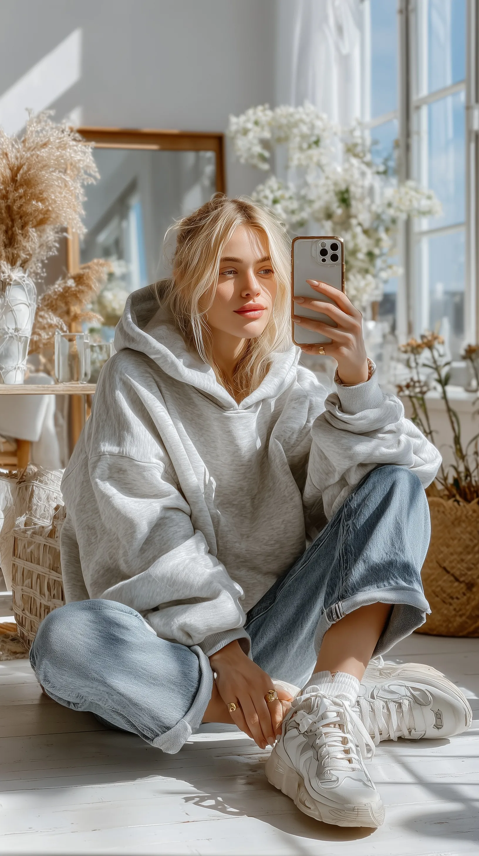 A young woman taking a casual mirror selfie wearing an oversized grey hoodie, blue jeans, and white sneakers.