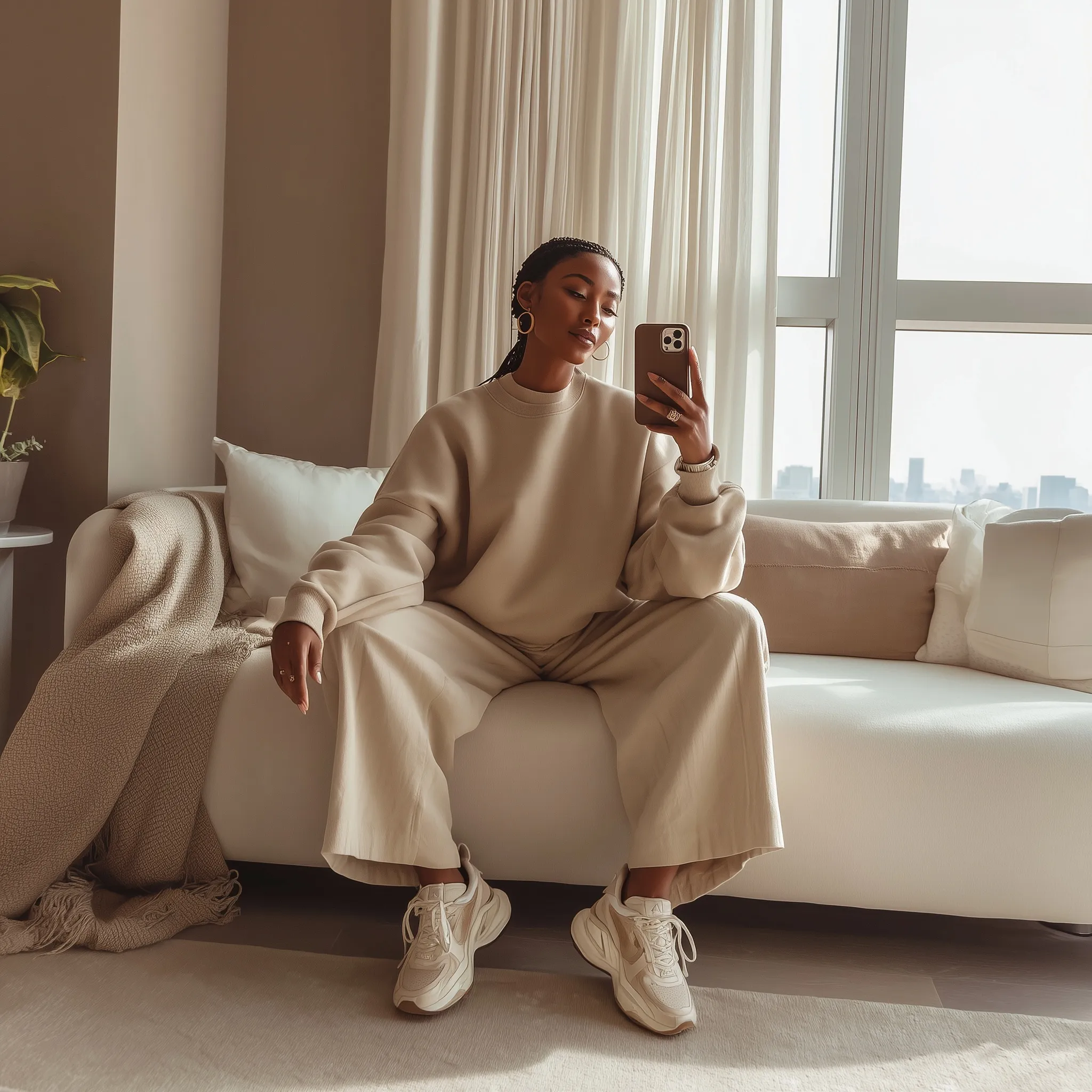 African American woman taking a mirror selfie in a cozy ash oversized sweatshirt and baggy pants on a cream sofa.