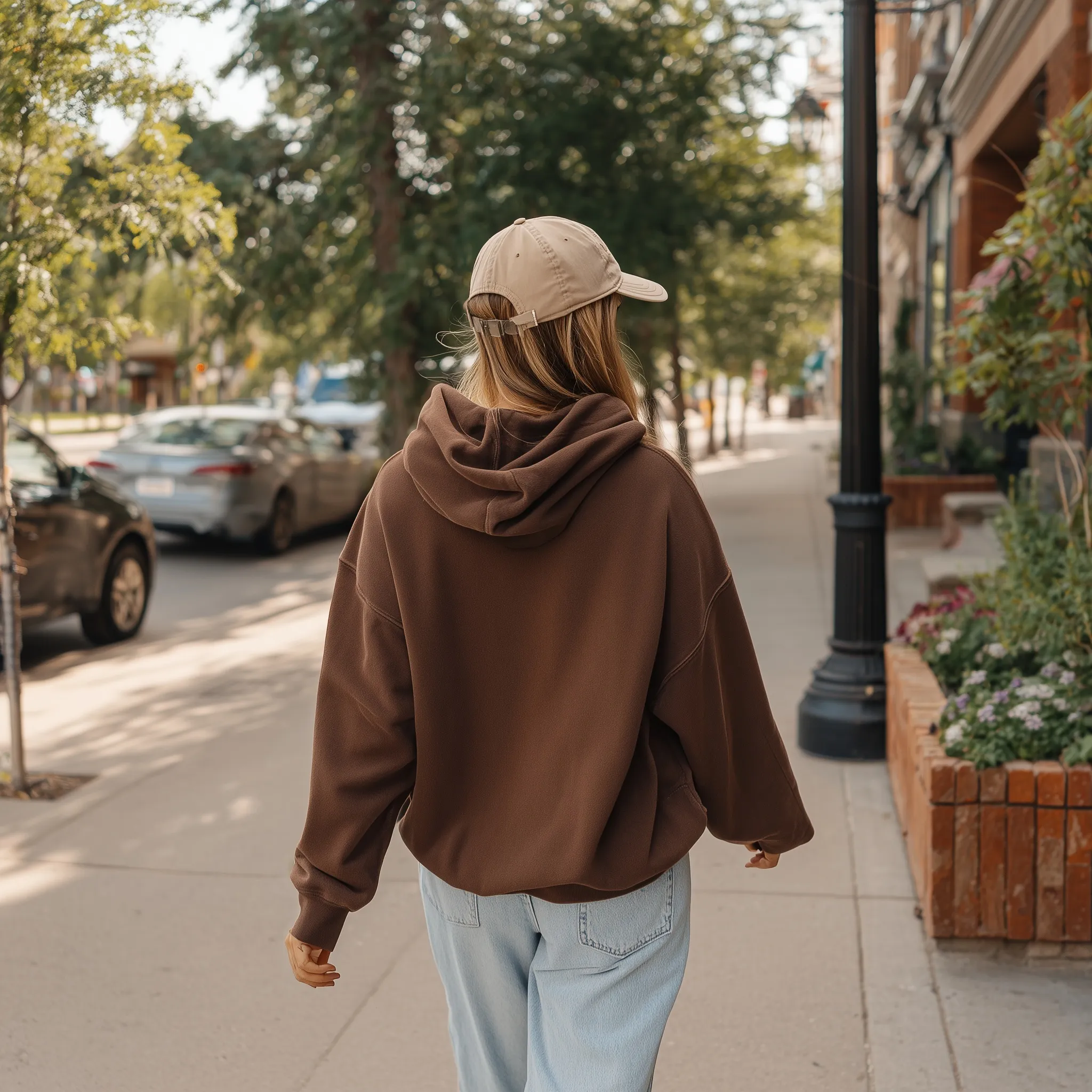 A woman wearing an oversized brown hoodie and baggy jeans walks down a tree-lined city sidewalk.