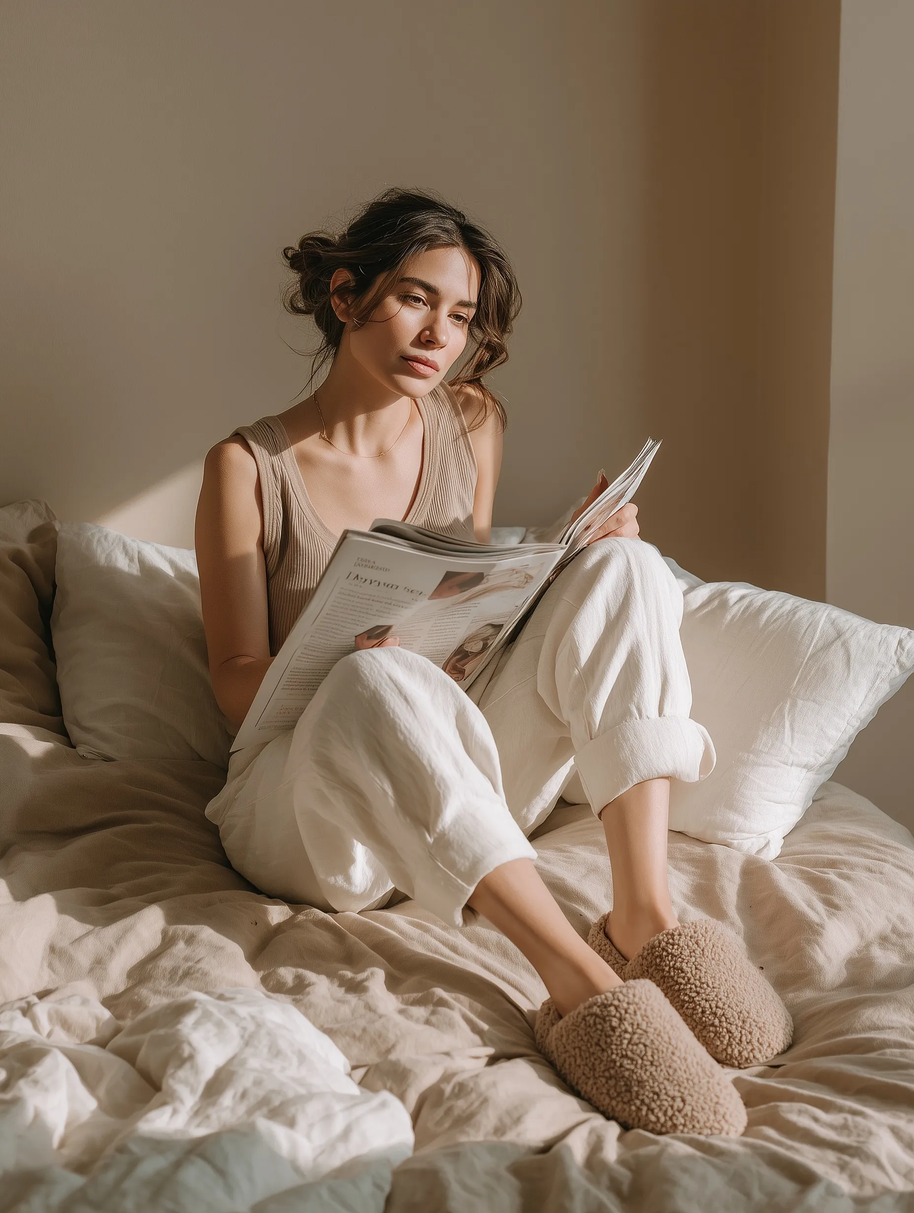 A woman in an oversized white outfit and fluffy slippers reading a magazine on a cozy bed with beige sheets.