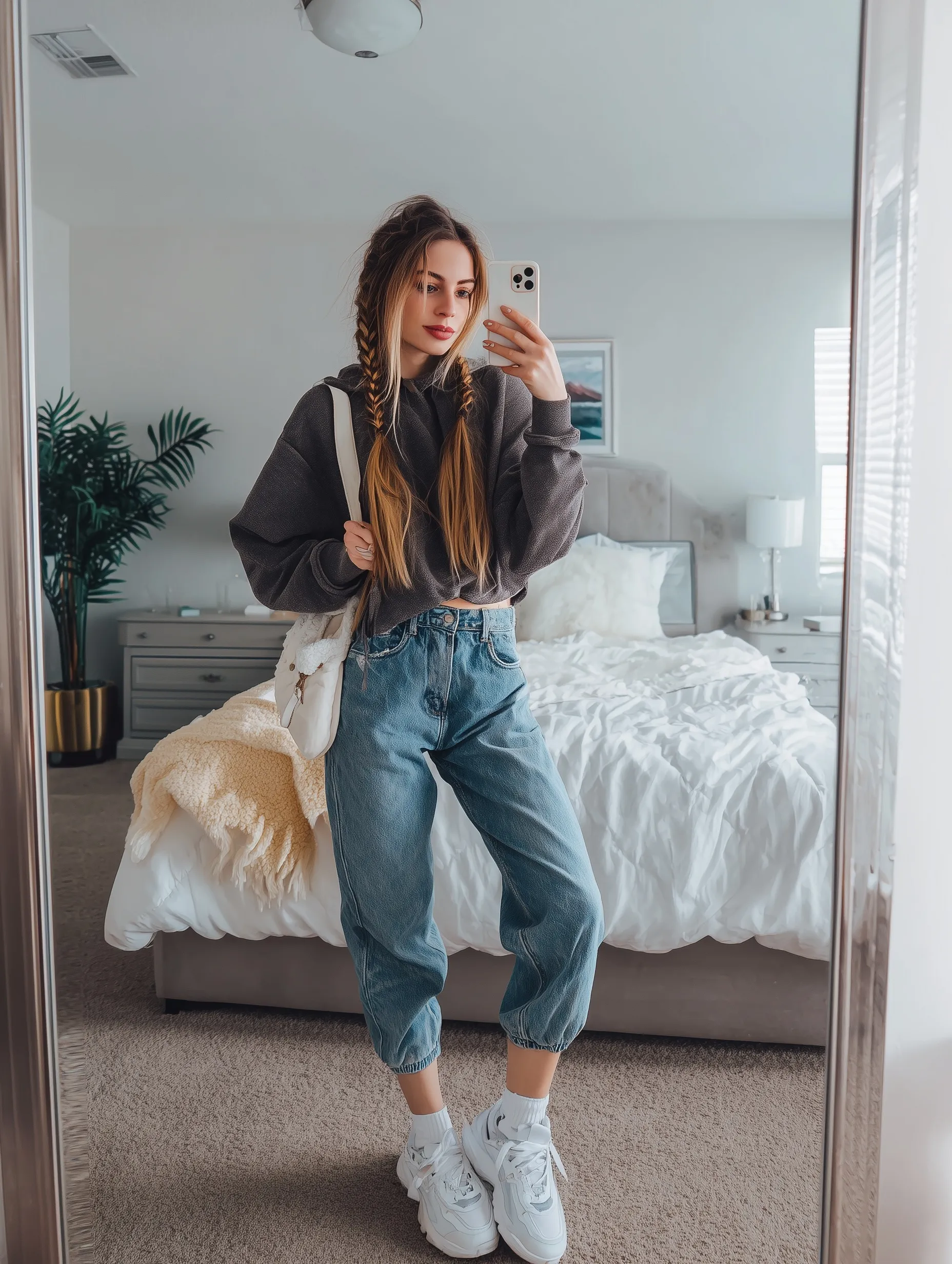 A young fashion influencer takes a mirror selfie in a bedroom wearing baggy jeans, a cropped hoodie, and sneakers.
