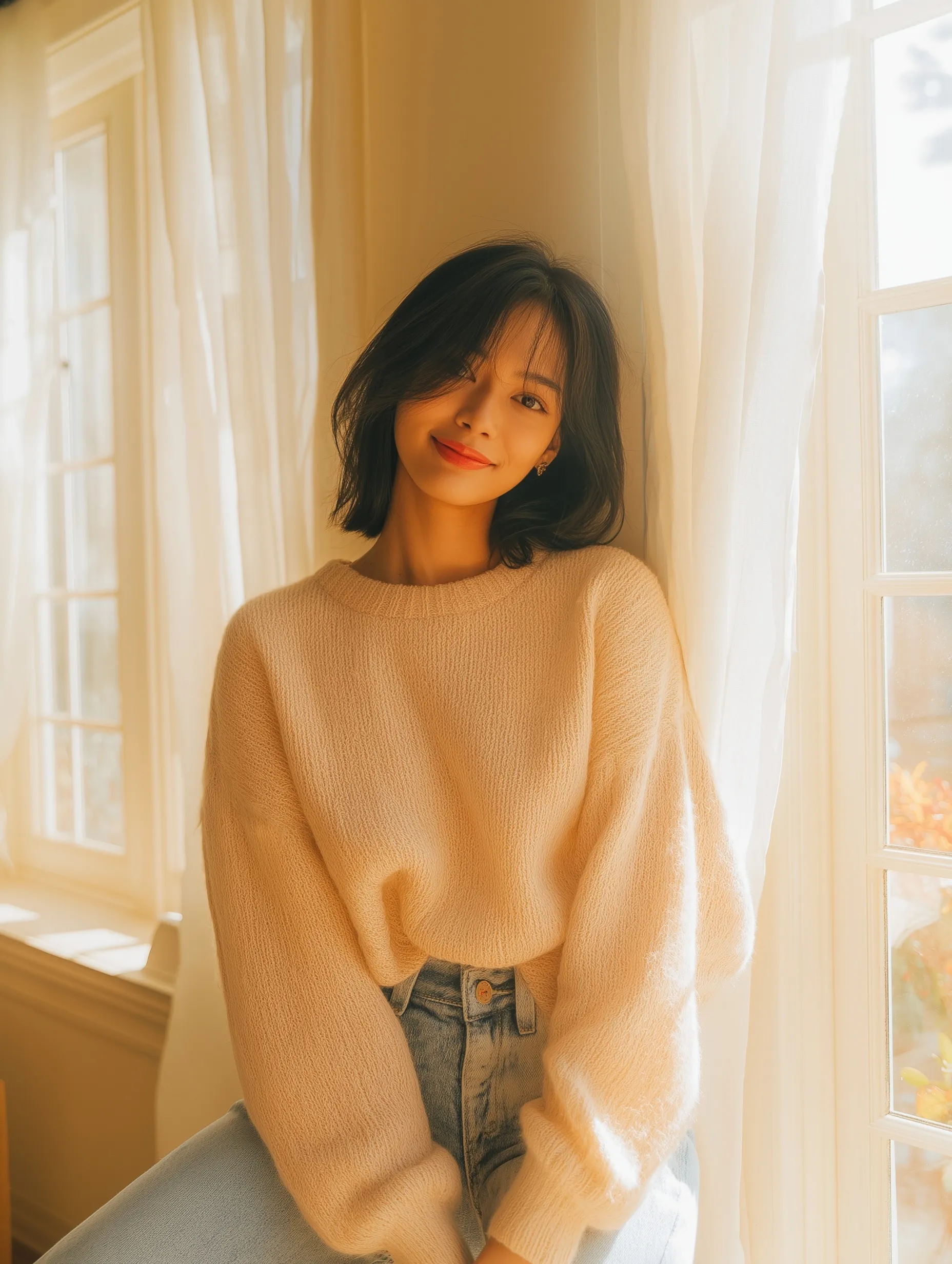 Asian woman with a warm smile wearing an oversized sweater and jeans standing in a sunlit living room.
