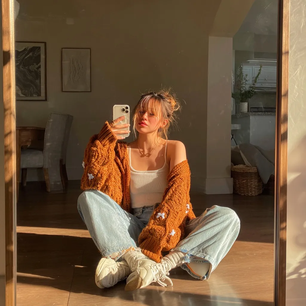 A young woman in a burnt orange oversized knit cardigan and loose jeans taking a mirror selfie in soft sunlight.