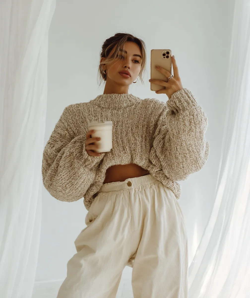 Aesthetic mirror selfie of a woman in an oversized cream sweater and baggy pants holding a coffee cup.