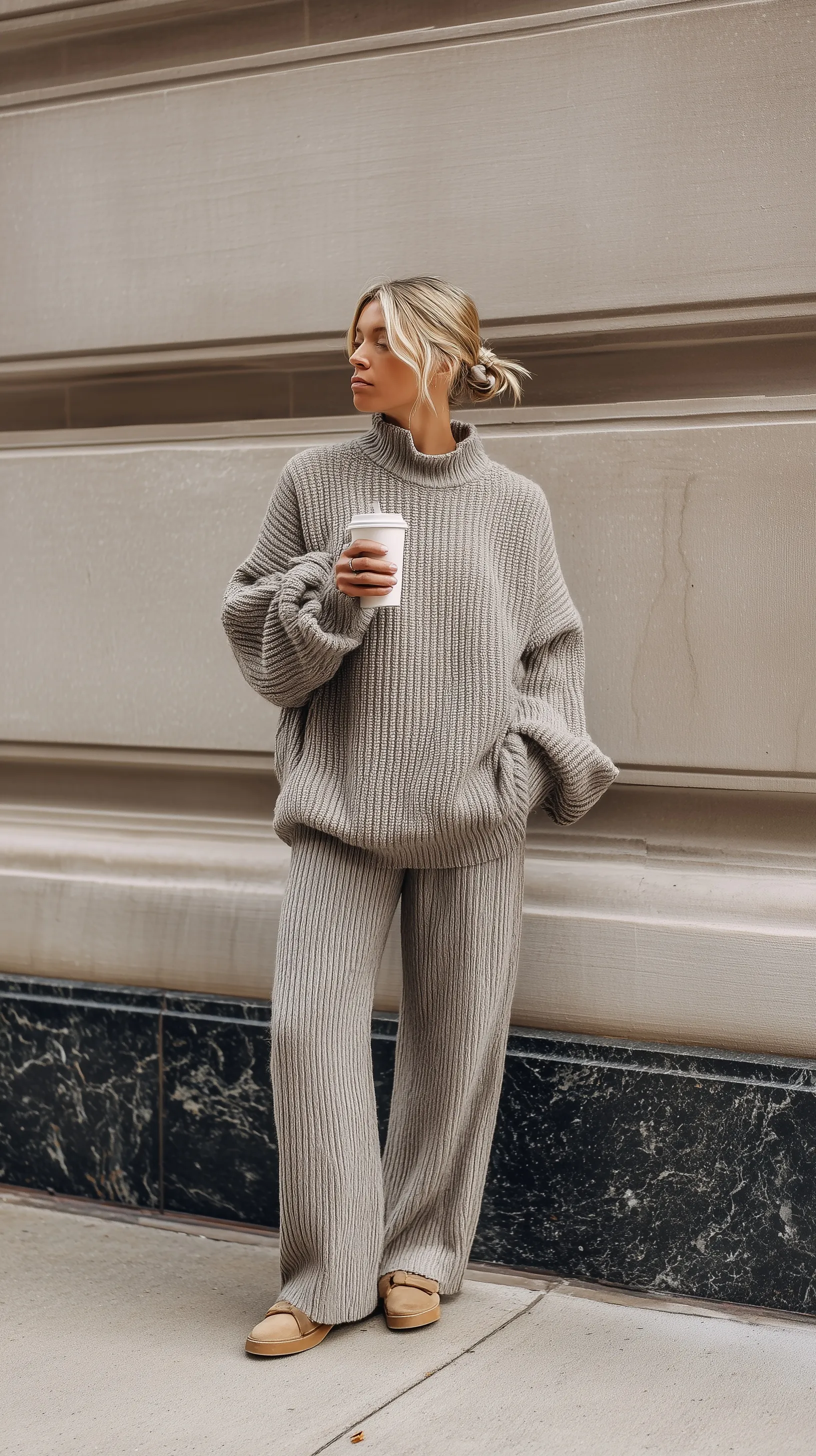 A person in a grey oversized ribbed knit sweater and matching trousers standing on a city sidewalk.