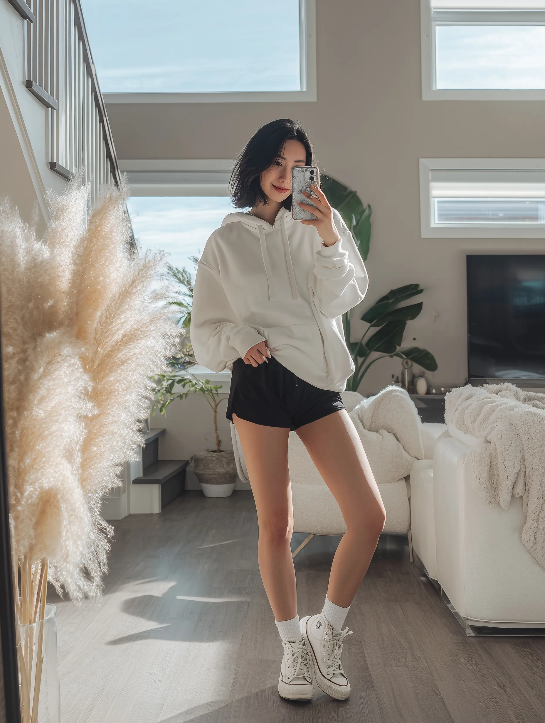 Asian woman in oversized white hoodie and chunky sneakers taking a mirror selfie in a minimalist sunlit living room.