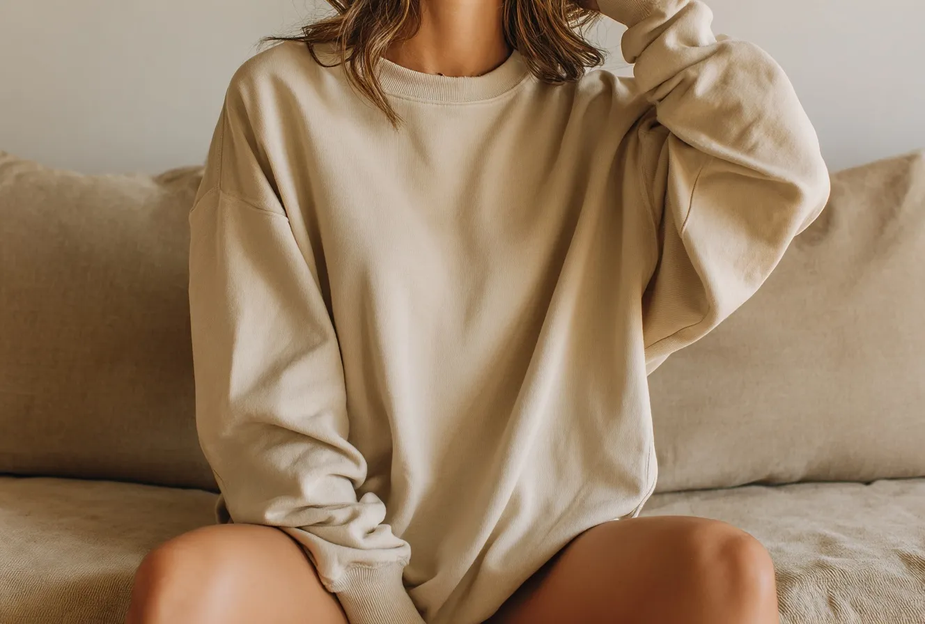 Beige oversized crewneck sweatshirt mockup on a woman sitting on a couch, flat lay style, clean front view.