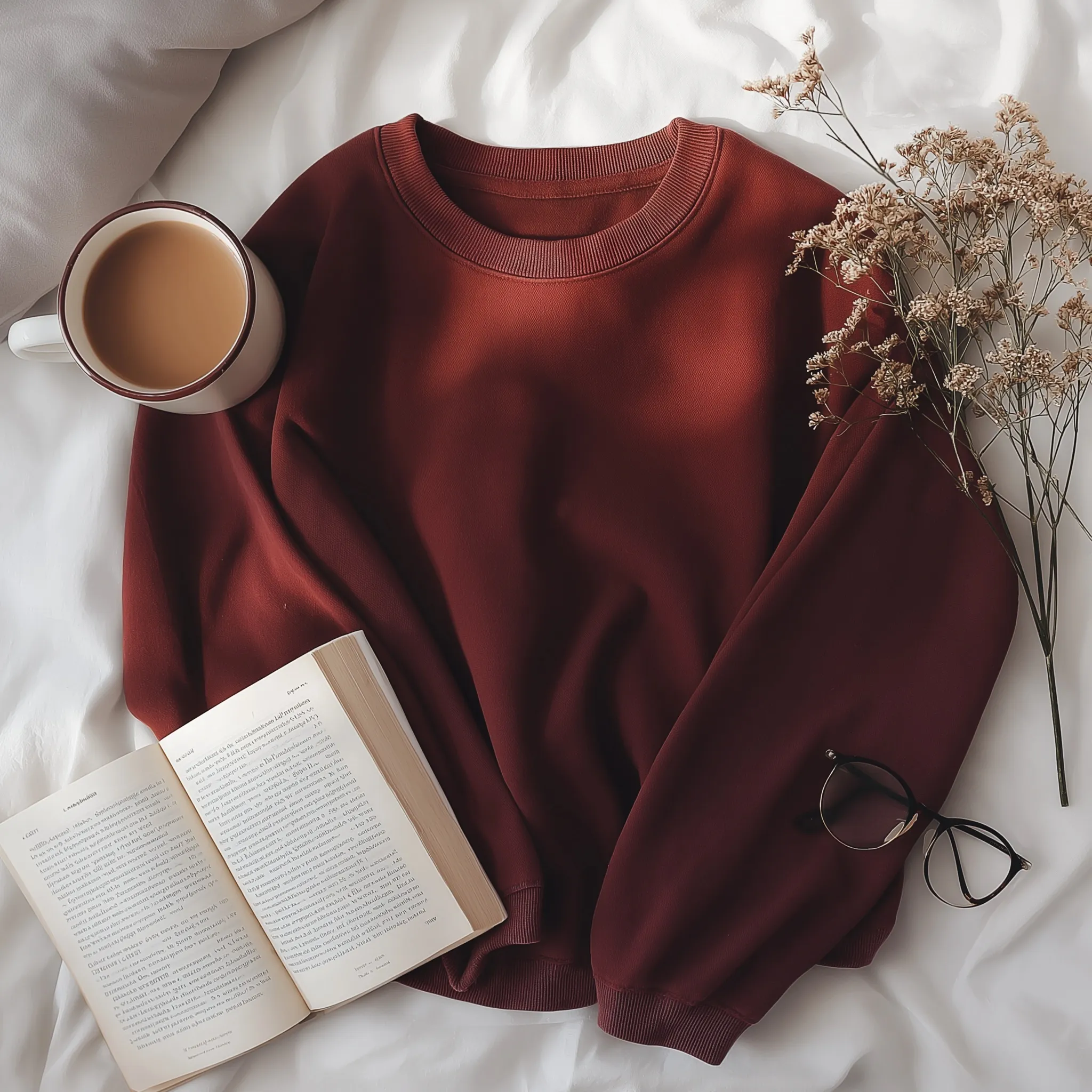 Flat lay of a vintage burgundy oversized sweatshirt with coffee, an open book, and glasses for a cozy fall aesthetic.
