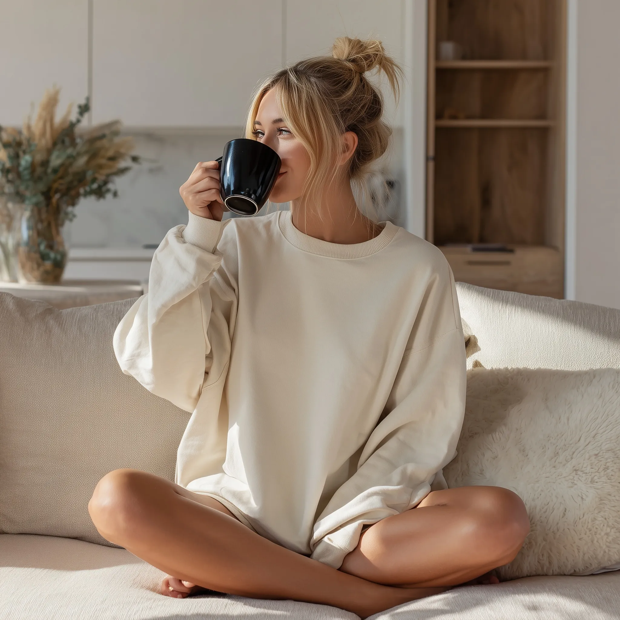 Blonde woman in an oversized cream sweatshirt holding a black mug, sitting on a beige sofa in a bright living room.