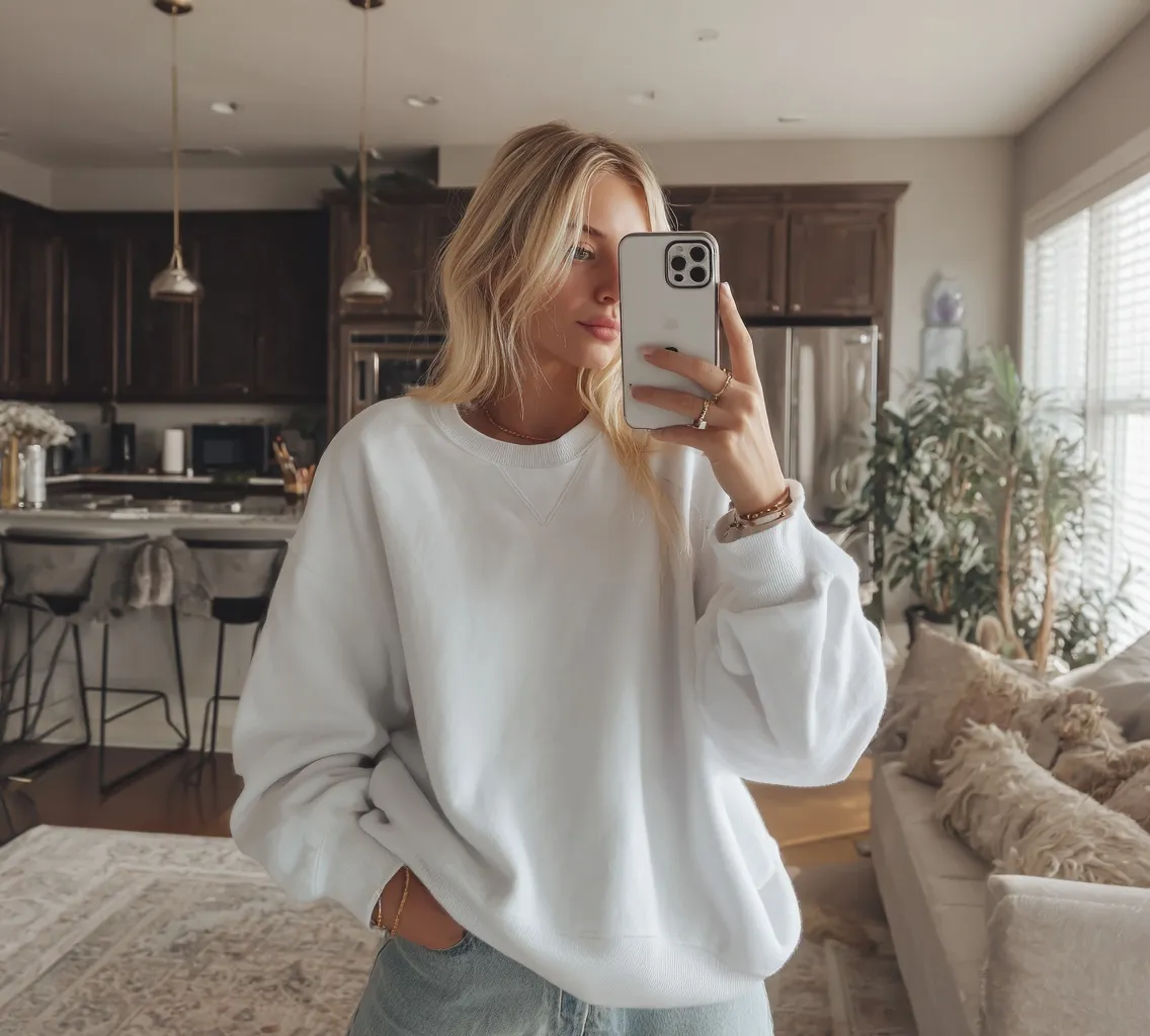 Blonde influencer wearing a comfortable oversized white sweatshirt taking a mirror selfie in a cozy living room.