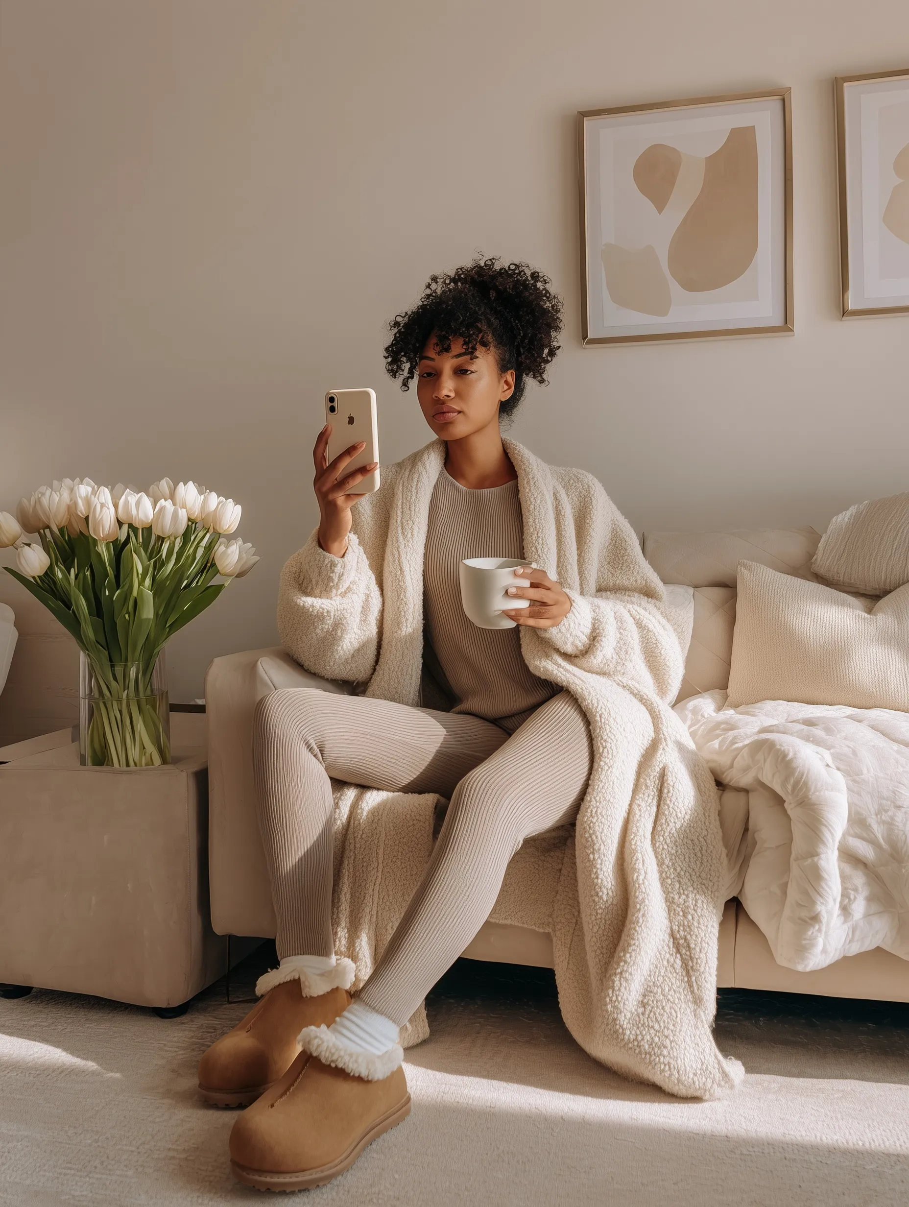 Stylish Black woman in cozy oversized cream knit cardigan and leggings taking a mirror selfie in a modern living room.