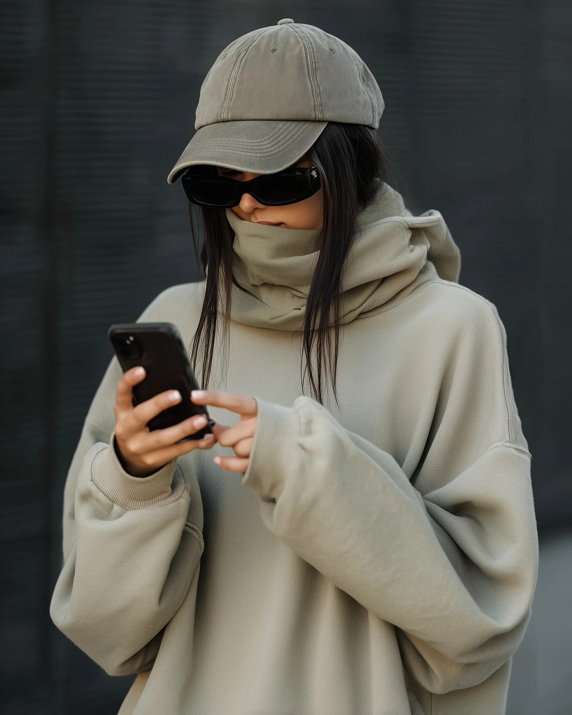 Candid street style photo of a woman in an oversized hoodie and loose pants with her face obscured for modesty.