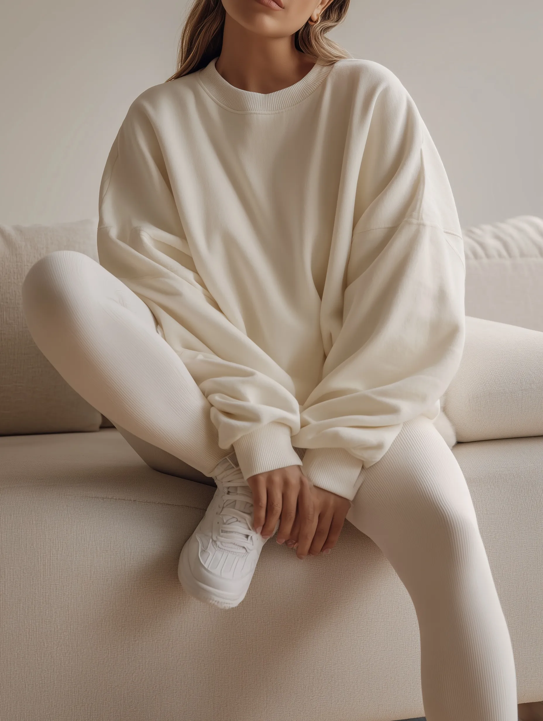 Woman wearing an oversized cream crewneck sweatshirt and leggings, sitting comfortably on a neutral sofa.
