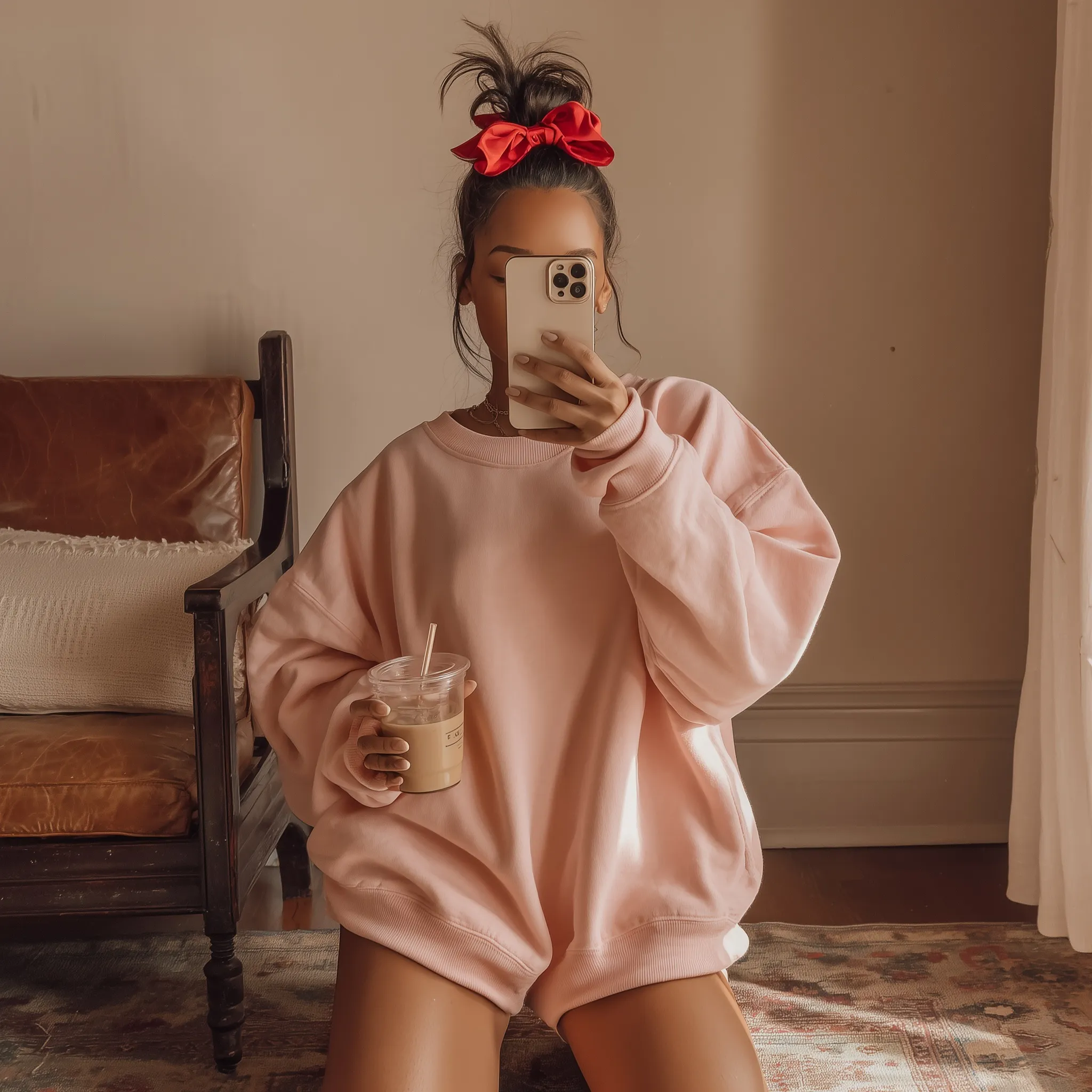 A stylish woman in an oversized pink crewneck sweatshirt taking a mirror selfie in a cozy, sunlit room.