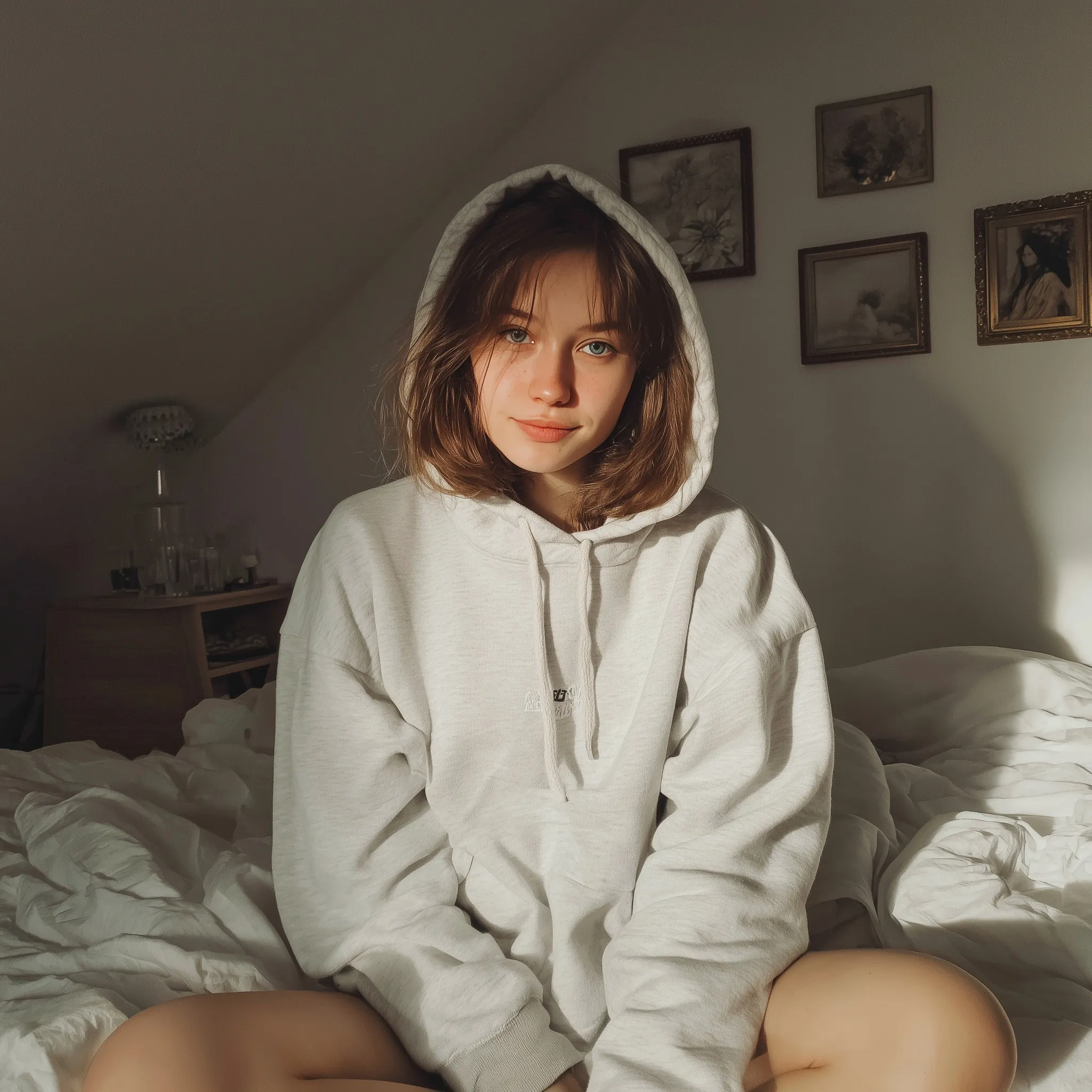 A girl in an oversized hoodie sitting on a bed taking a candid selfie in a cozy bedroom with soft natural window light.
