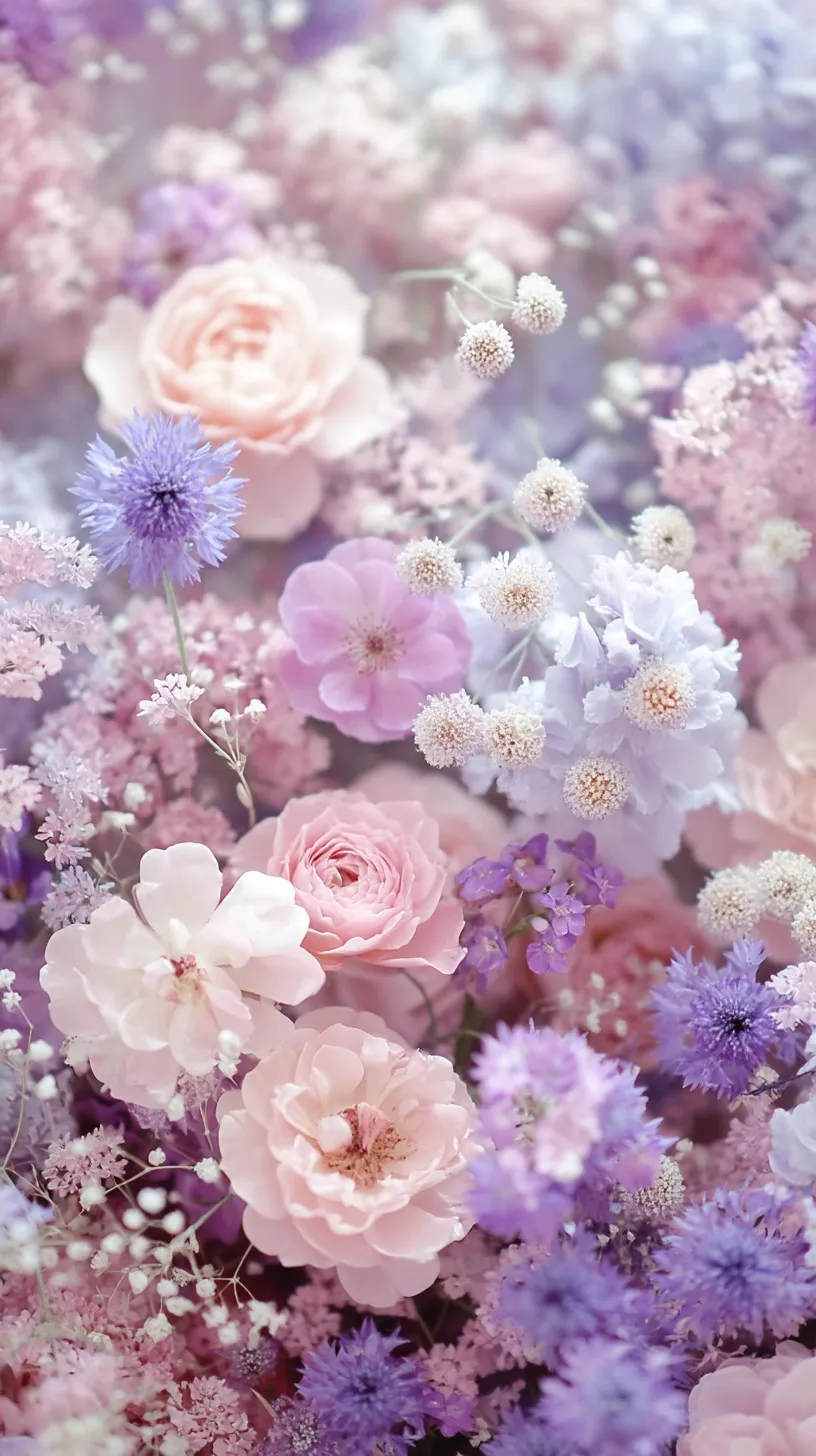 Flat lay of dreamy pastel floral wallpaper featuring lavender, blush roses, and blue flowers with green vines.