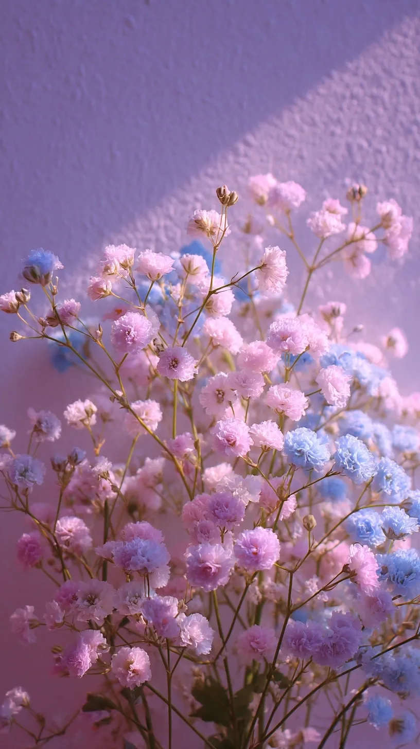 Pastel baby’s breath flowers in pink and blue against a soft purple background for a dreamy, ethereal wallpaper.