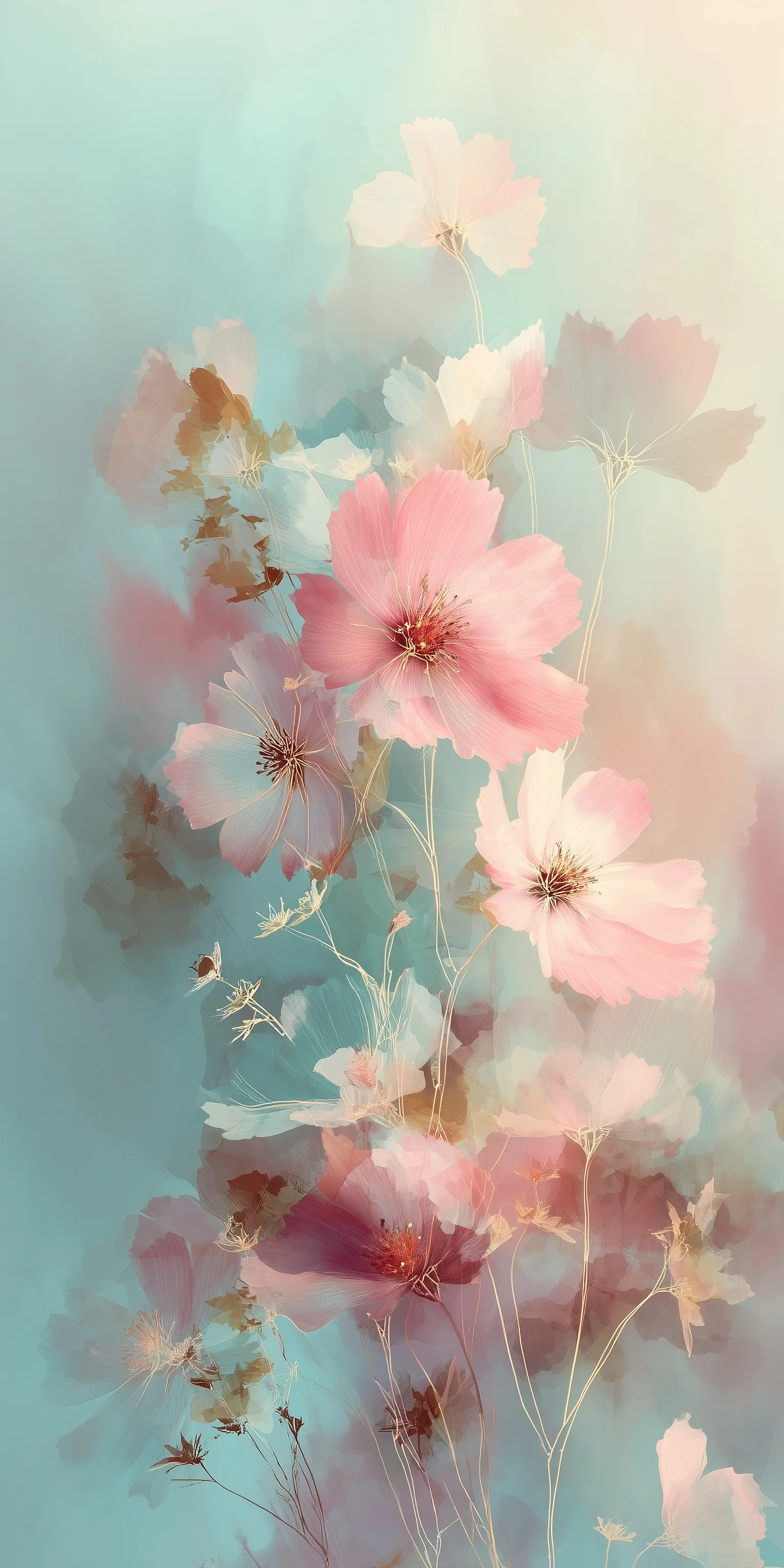 Pastel floral wallpaper with watercolor flowers, mint green and pink petals, and delicate golden sunlight.