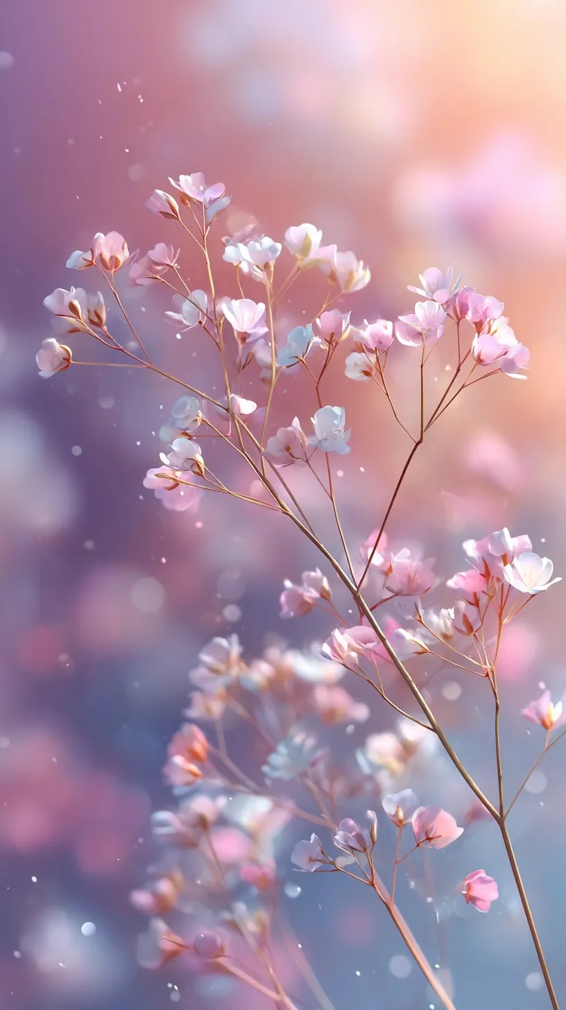 A single gypsophila flower stem in a dreamy, pastel anime style with soft glowing light particles.