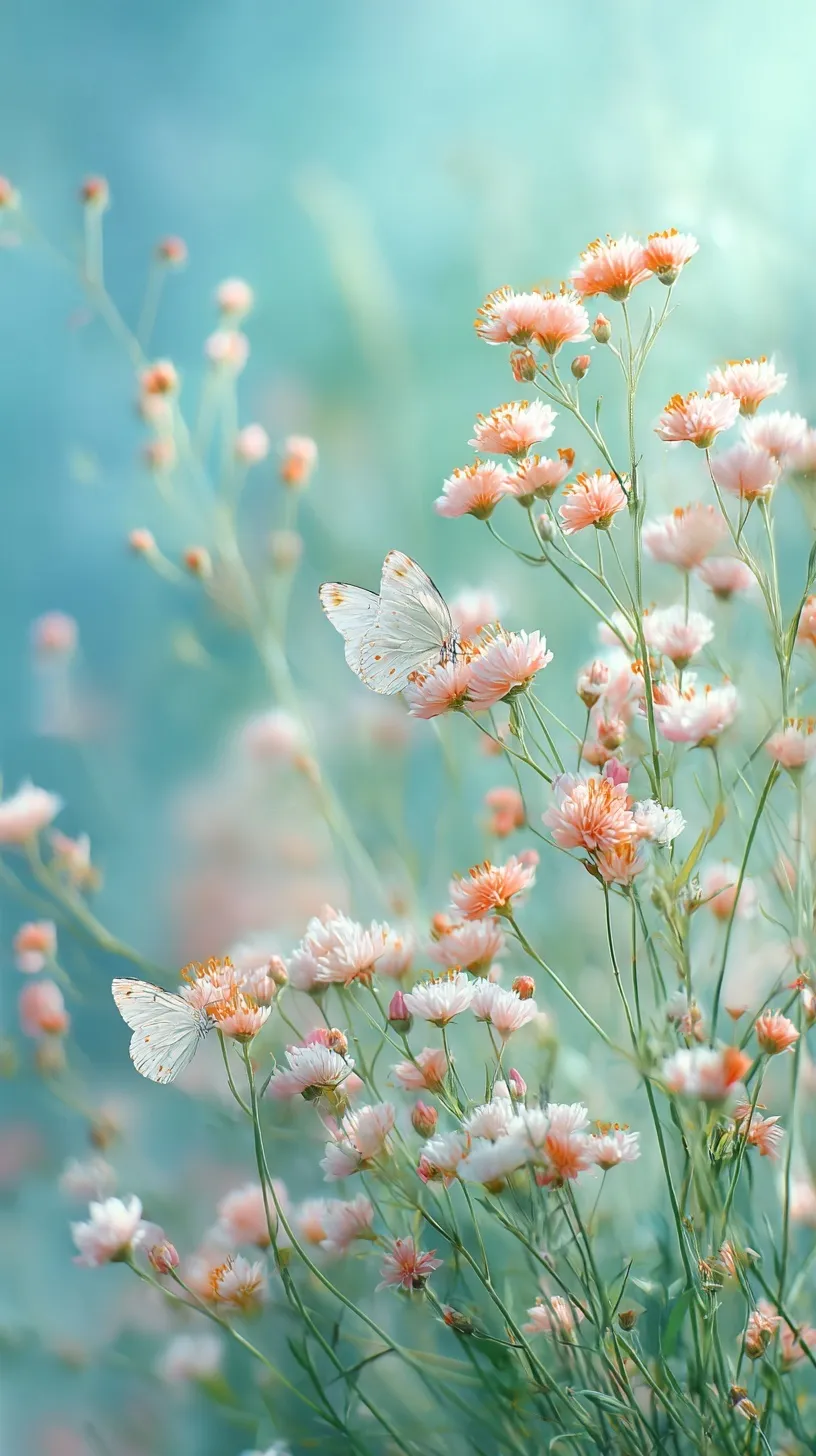 Soft pastel flowers in a sunlit meadow with blue sky and butterflies, high-quality botanical wallpaper.
