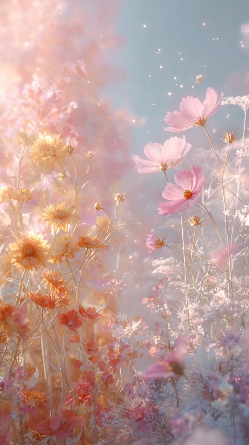 Pastel seasonal flower wallpaper transitioning from vibrant sunflowers to autumn cosmos and snowy winter trees.