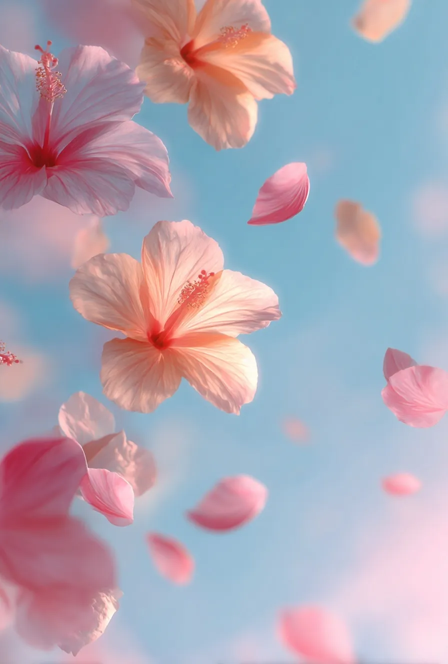 Soft pastel gradient wallpaper featuring blush pink and sky blue tones with floating hibiscus flower petals.