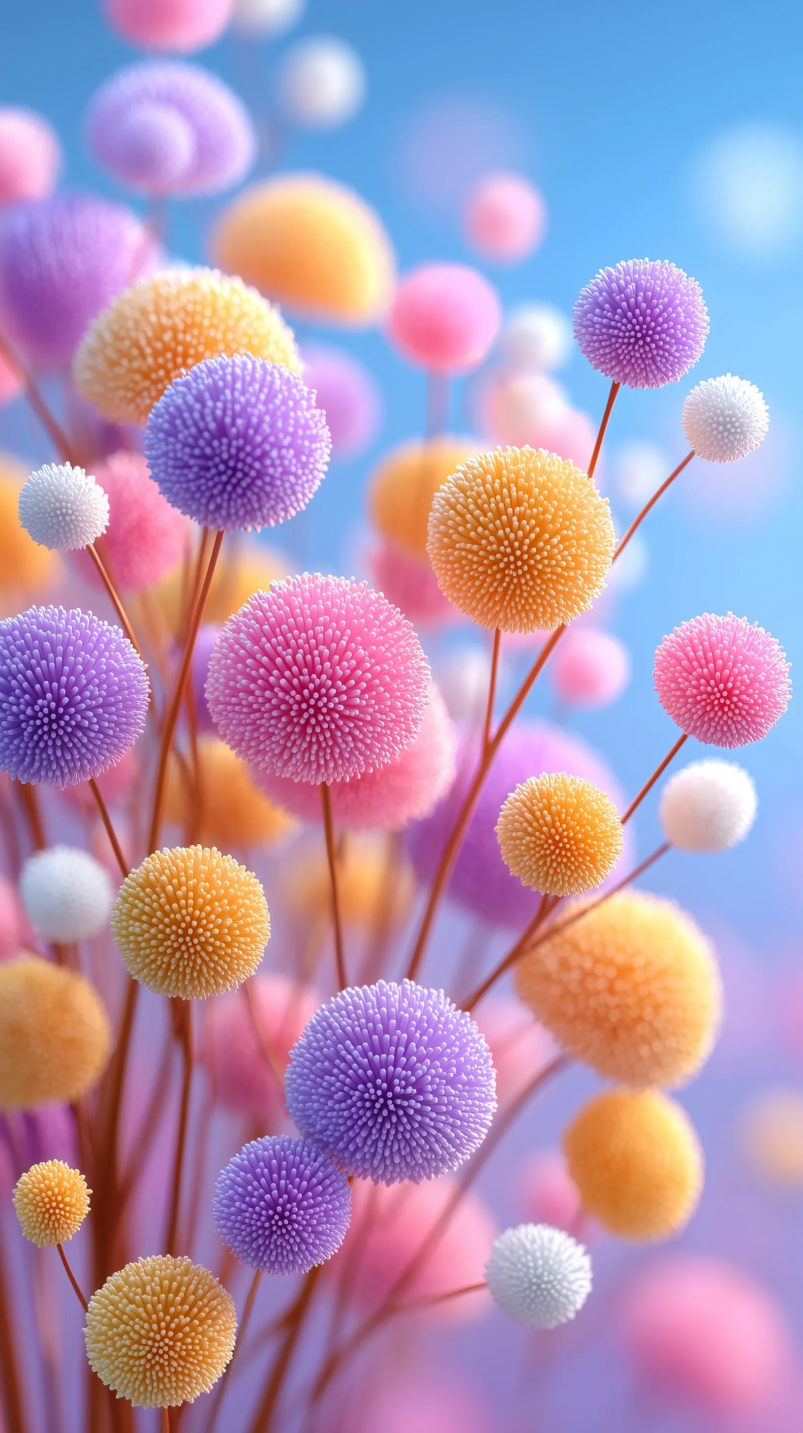 A vase of pastel baby’s breath flowers in soft morning light against a serene sky blue background.