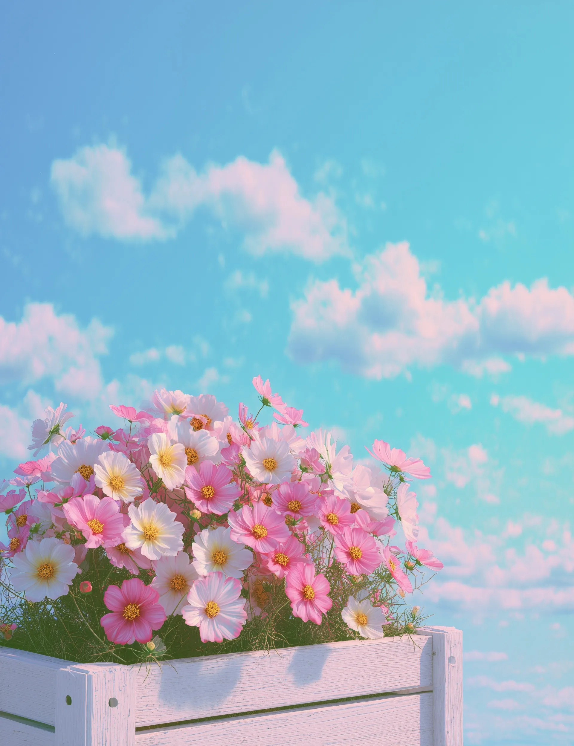 A white flower box filled with pastel pink and yellow cosmos flowers against a sunny blue sky with clouds.