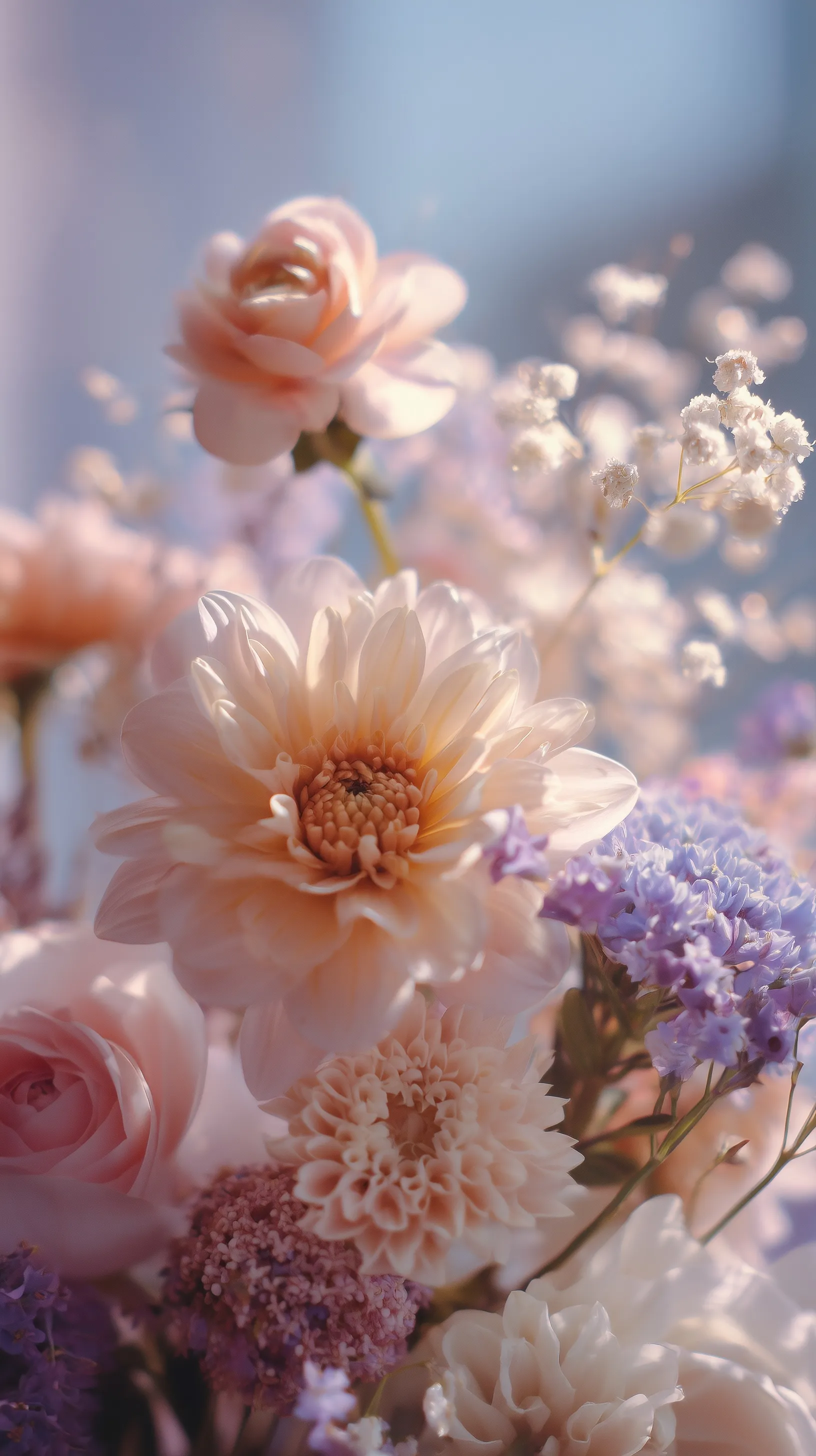 A dreamy close-up of a diverse pastel flower bouquet with a soft-focus bokeh background.