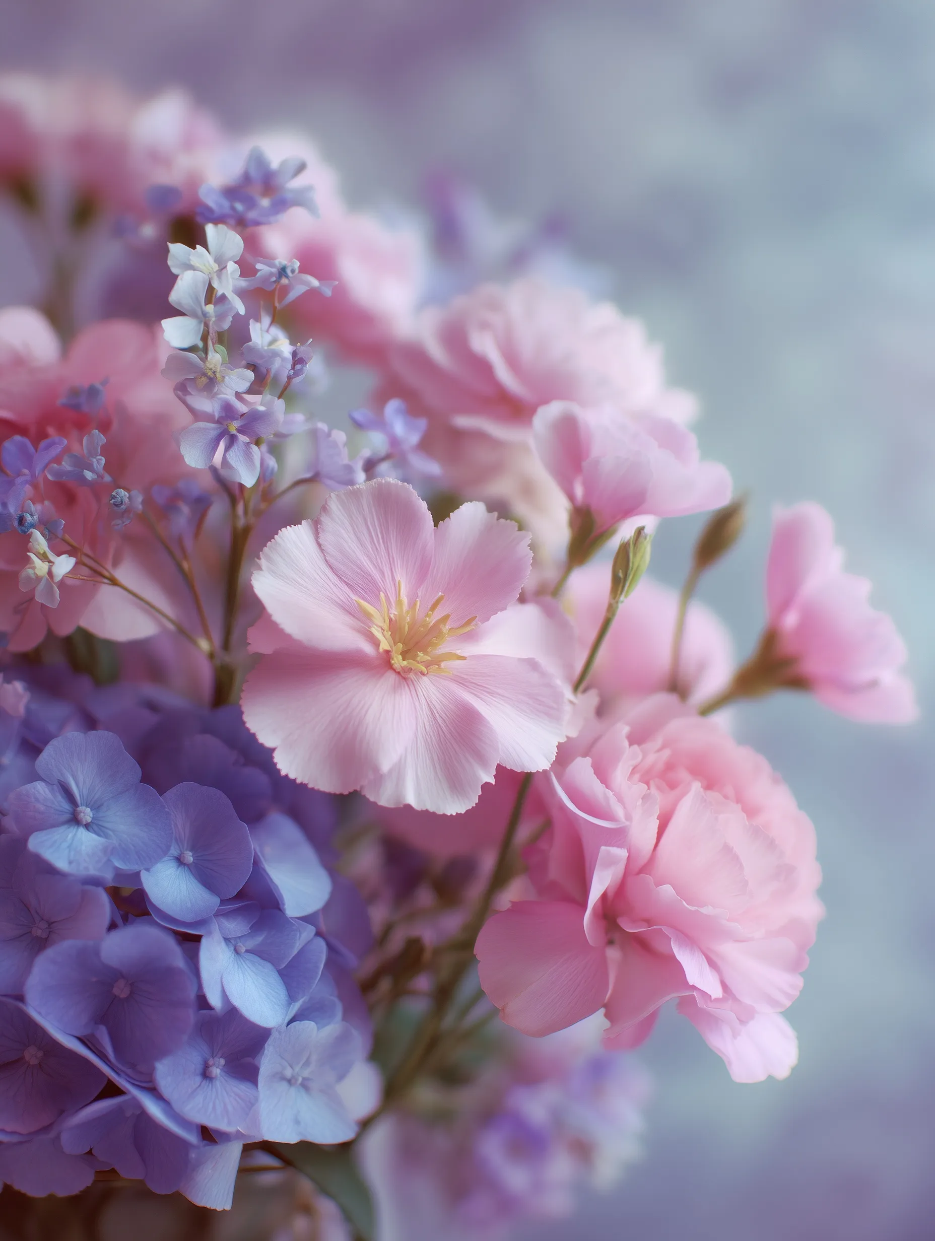 A beautiful bouquet of pink flowers and blue hydrangeas with a soft-focus background for text placement.