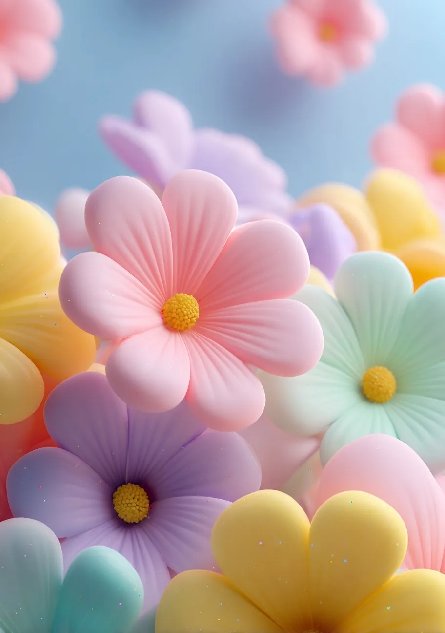 3D pastel flowers with a candy-like background, soft lighting, and cute, dreamy aesthetic for wallpaper.