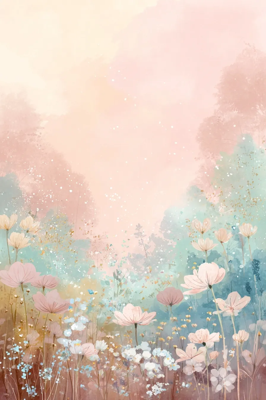 Ethereal watercolor landscape with pastel tulips, blush pink sky, and soft mint green wildflower fields.
